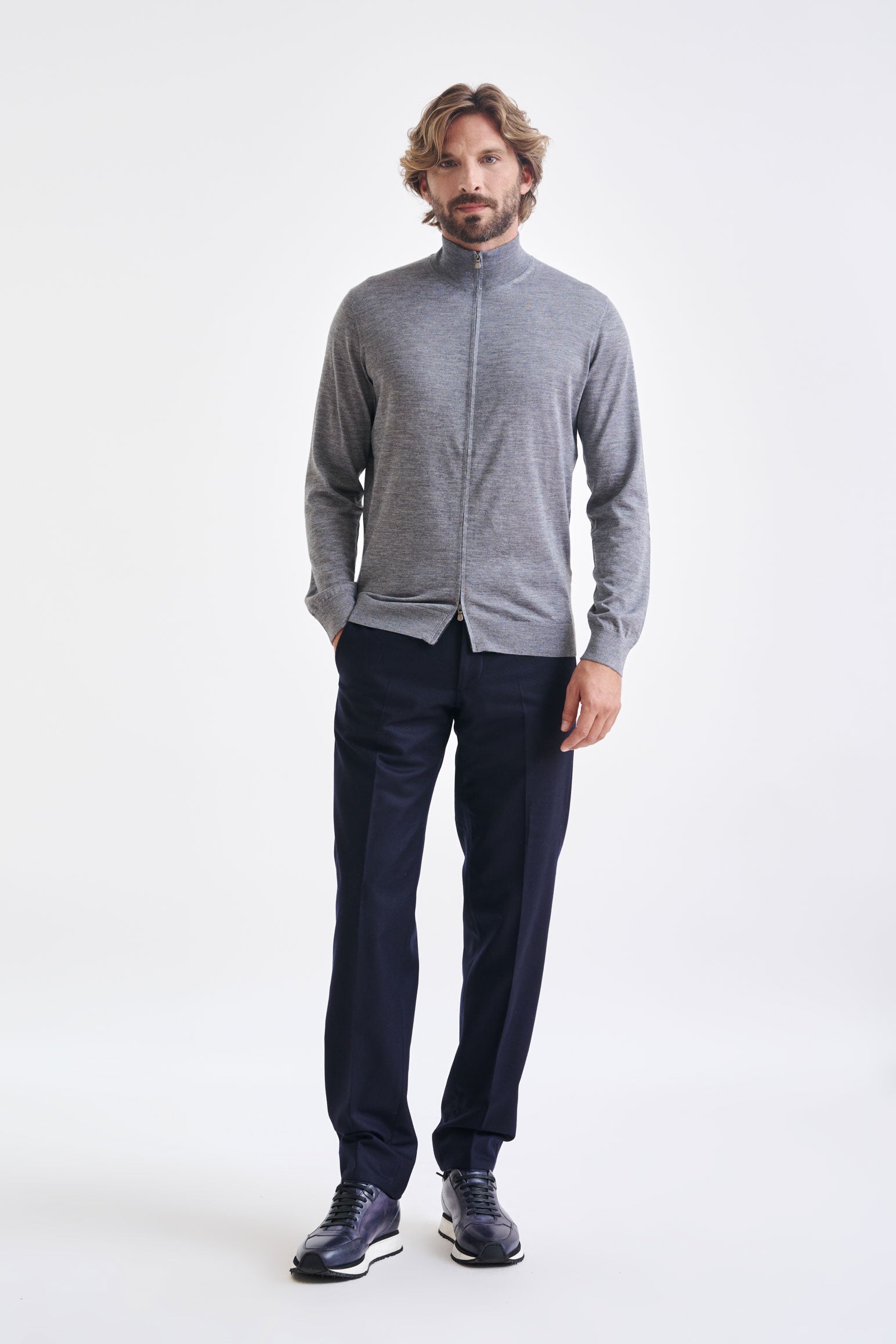 Mid-Grey Melange Cashmere & Silk Repton Fullzip Sweater — detail 2