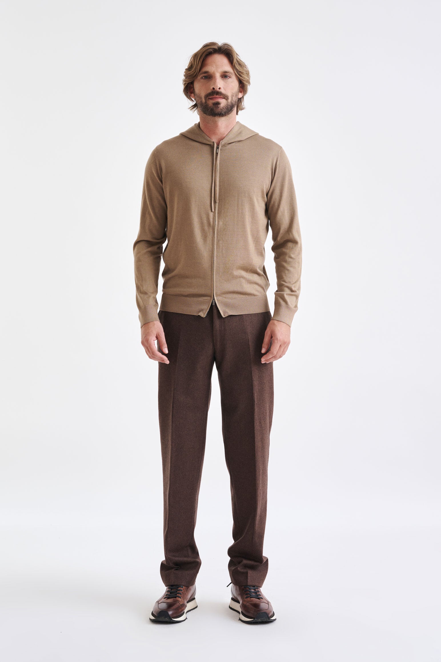 Camel Cashmere Merino Silk Blend Goole Zipped Hoodie Knit — detail 1