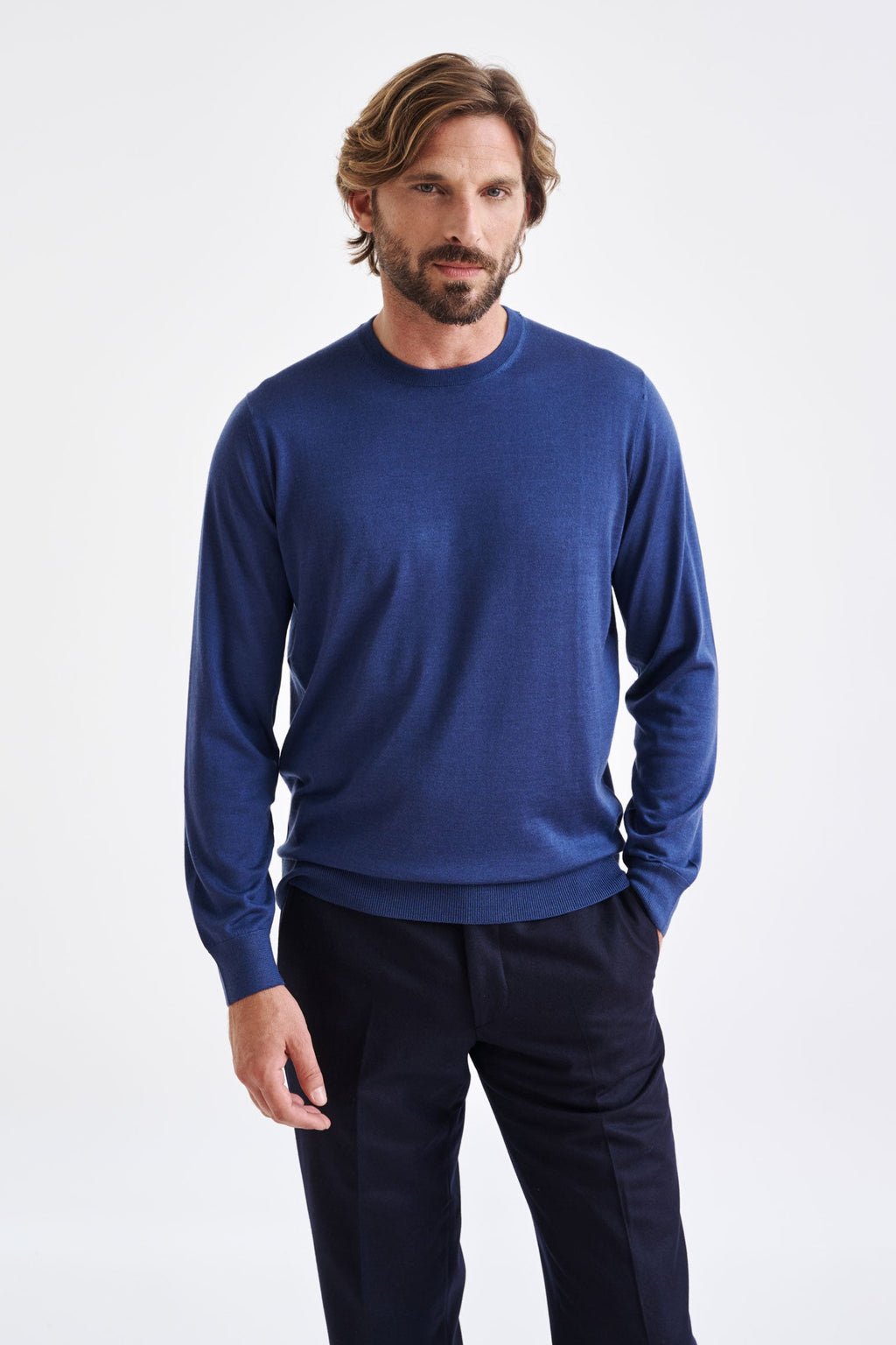 Metal Blue Cashmere Merino Silk Blend Crewe Sweater