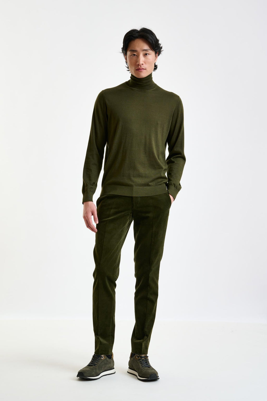 Olive Green Cashmere & Silk Blend Telford Turtleneck Sweater — detail 1