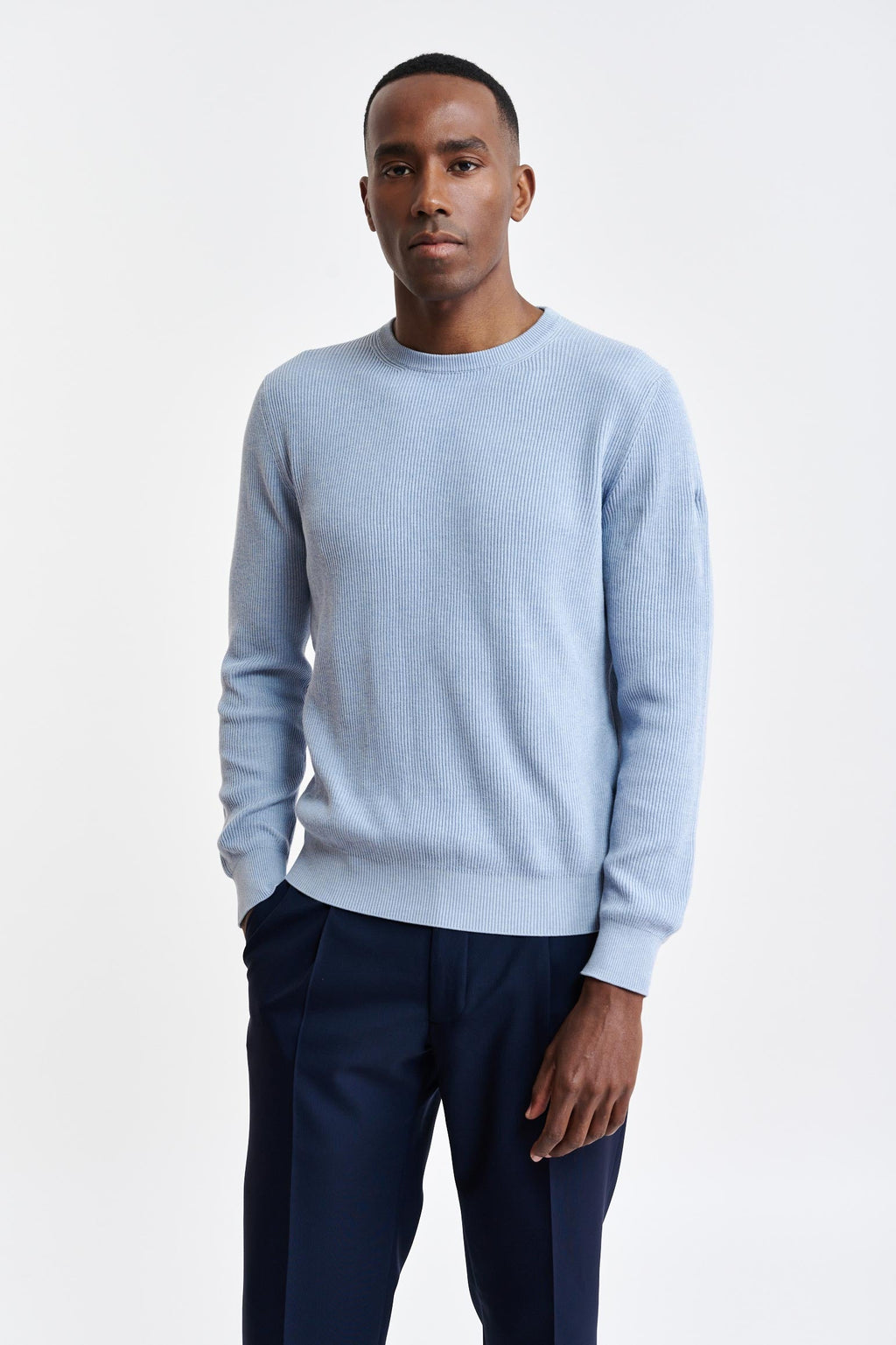 Light Blue Melange 100% Cotton Rib Harrow Knitwear