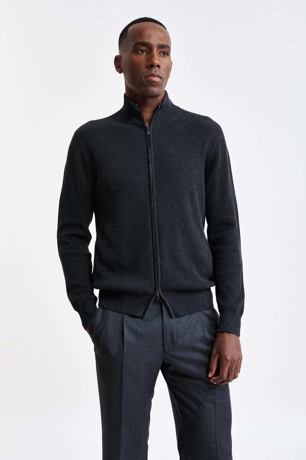 Grey Melange Cotton Exford FullZip Knitted Sweater