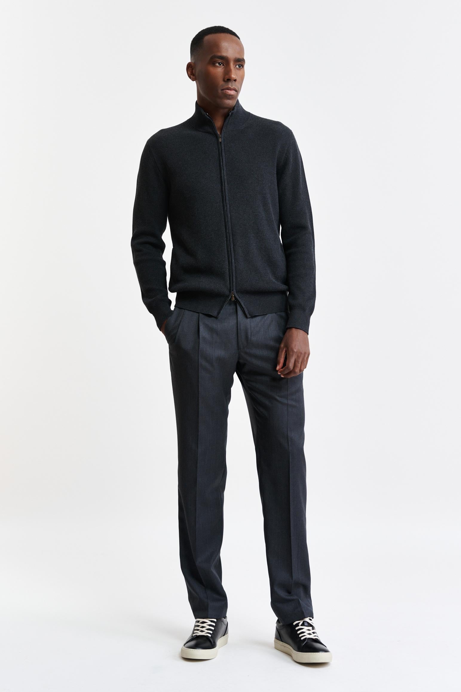 Grey Melange Cotton Exford FullZip Knitted Sweater — detail 1