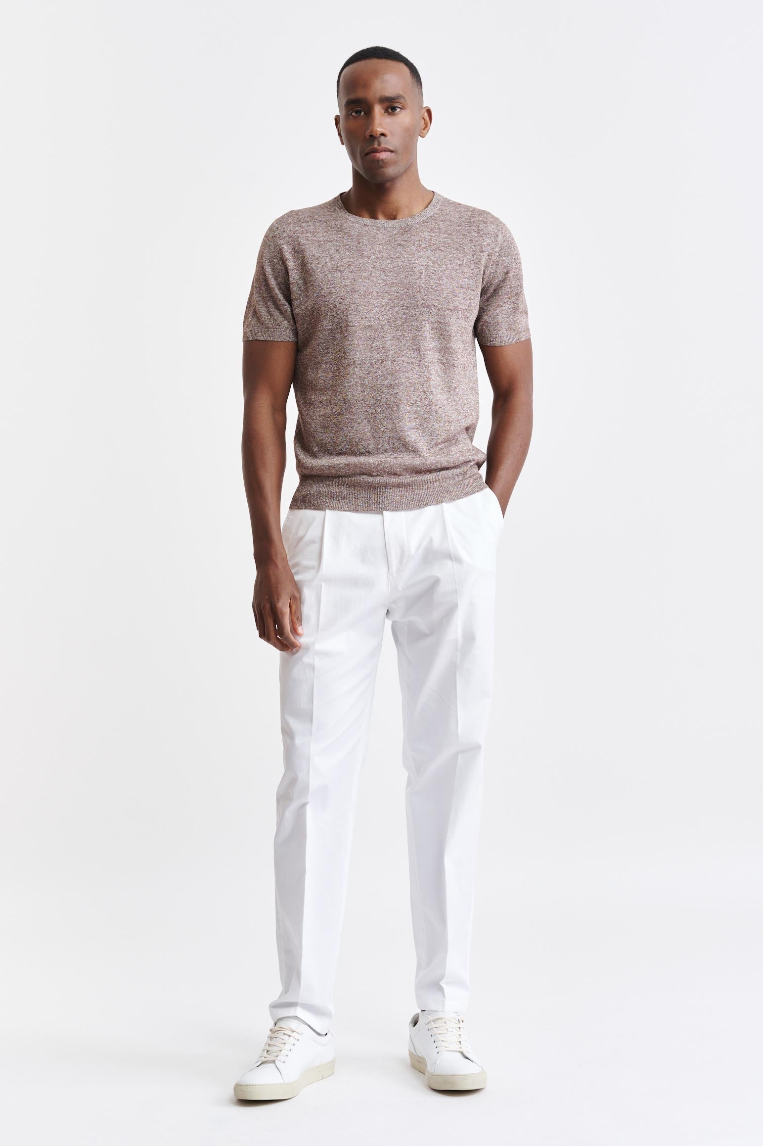 Mid Brown Melange Linen & Cotton Crewneck Sefton Knitwear — detail 1