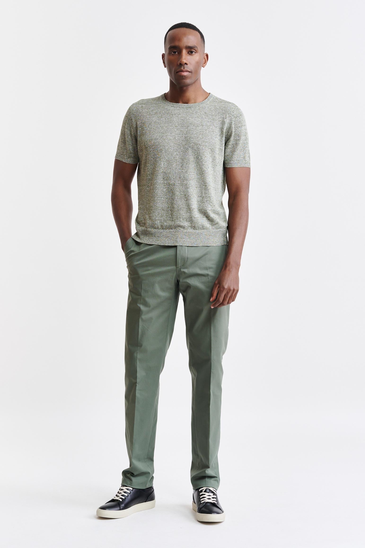 Military Green Melange Linen & Cotton Crewneck Sefton Knitwear — detail 1