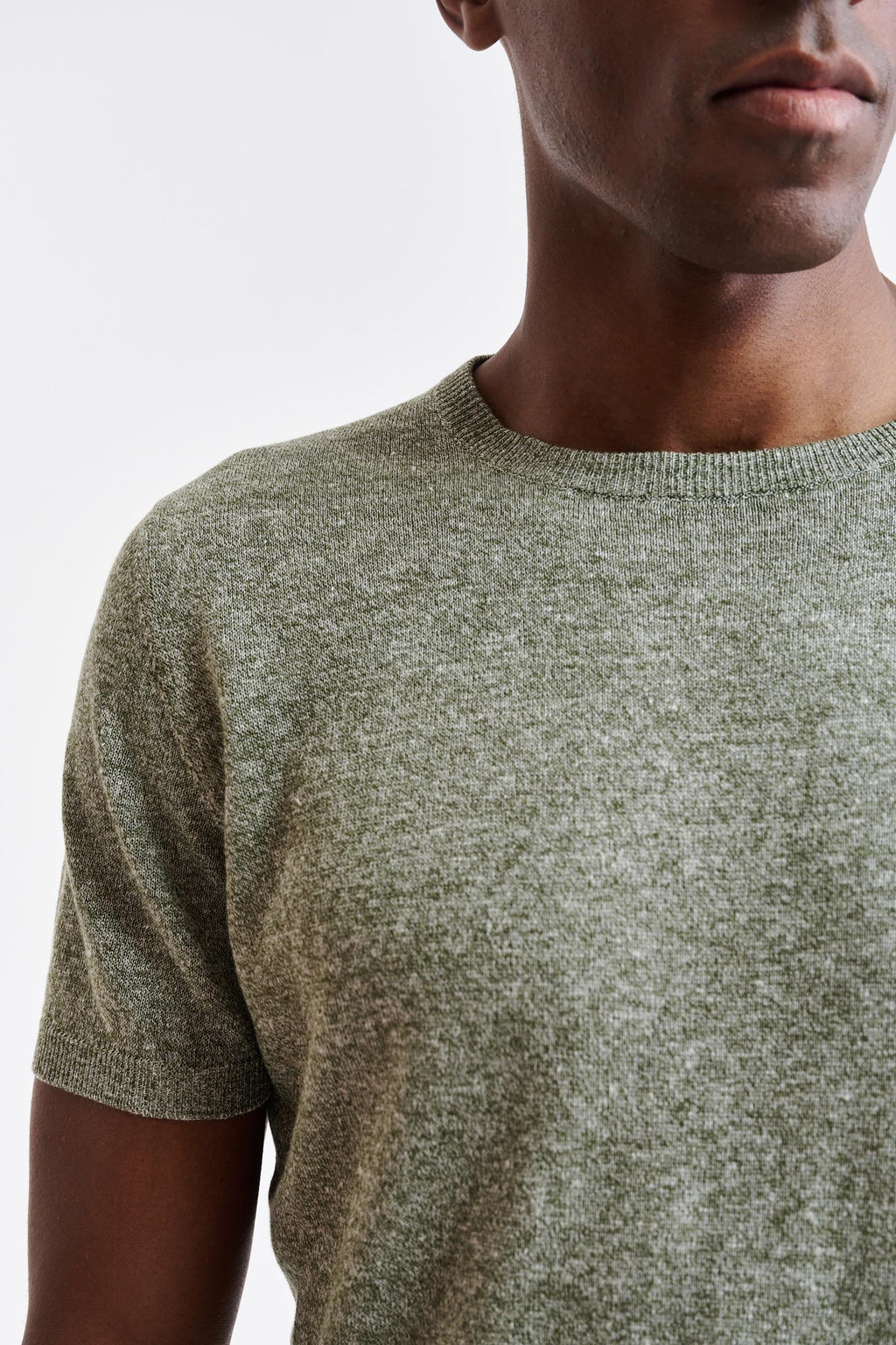 Military Green Melange Linen & Cotton Crewneck Sefton Knitwear — detail 2