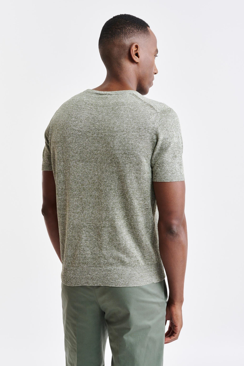 Military Green Melange Linen & Cotton Crewneck Sefton Knitwear — detail 3