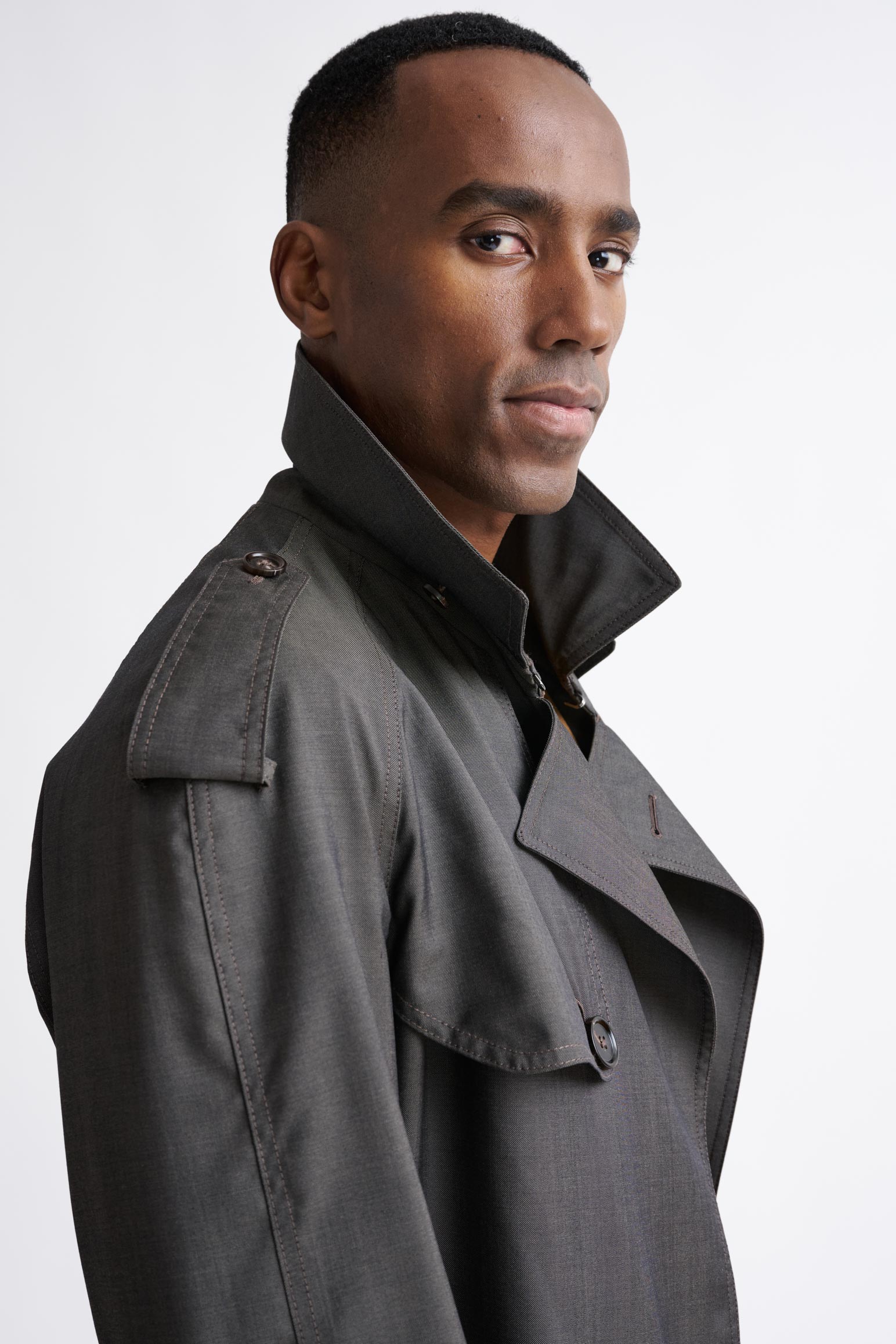 Taupe Wool Twill Marlow Trench Coat — detail 2