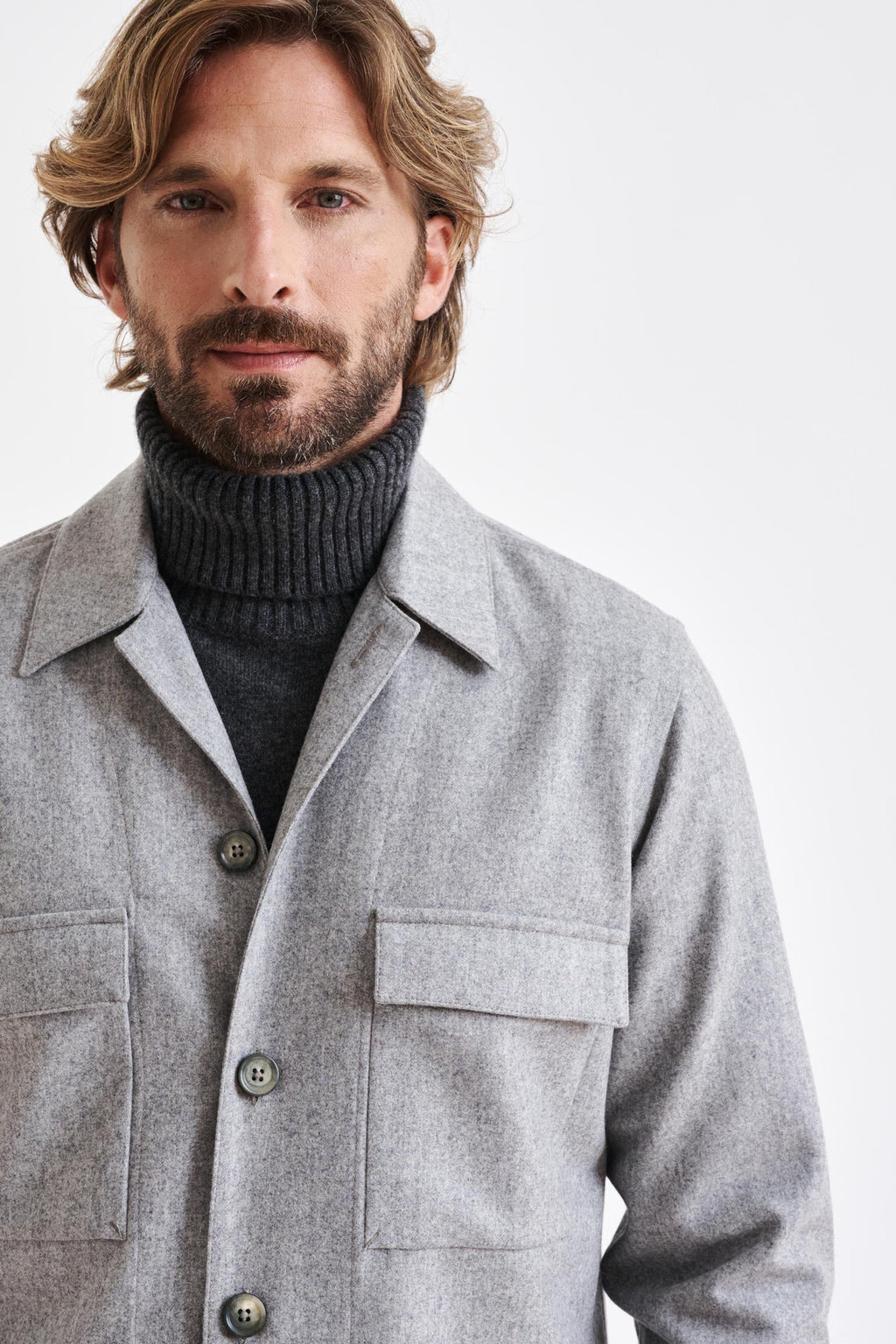 Grey Super 100's Wool Overshirt Flannel & Saxony — detail 2