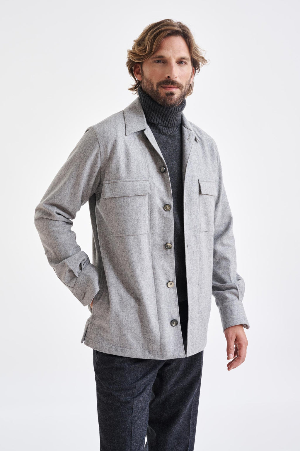 Grey Super 100's Wool Overshirt Flannel & Saxony — detail 3