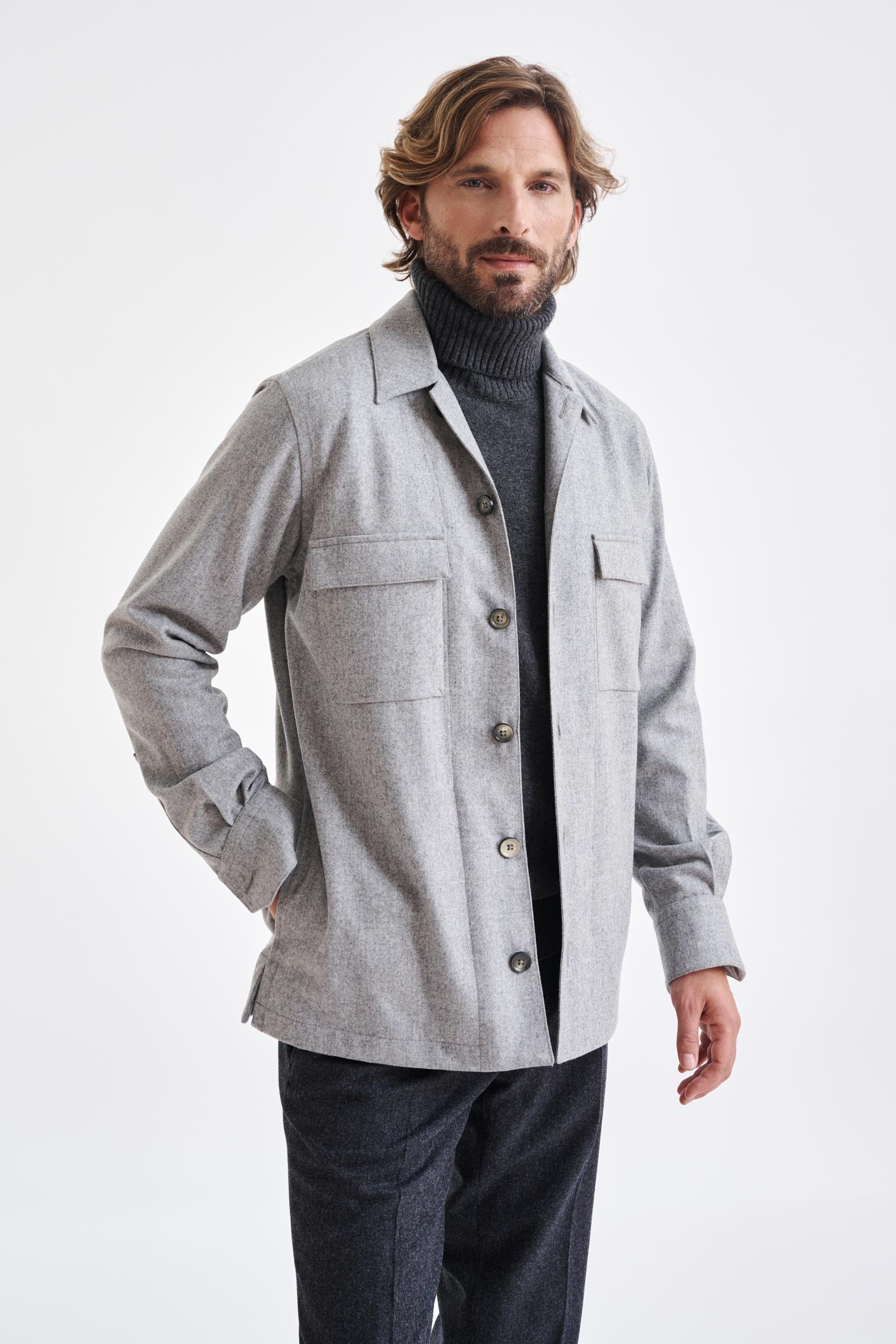 Grey Super 100's Wool Overshirt Flannel & Saxony — detail 3