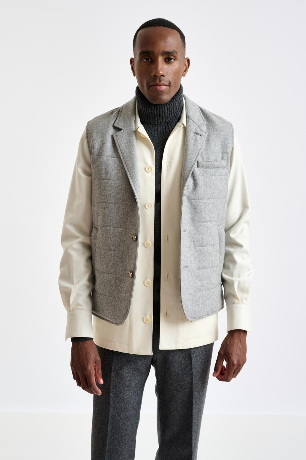 Grey Super 100's Wool Keswick Waistcoat Flannel Saxony — detail 3