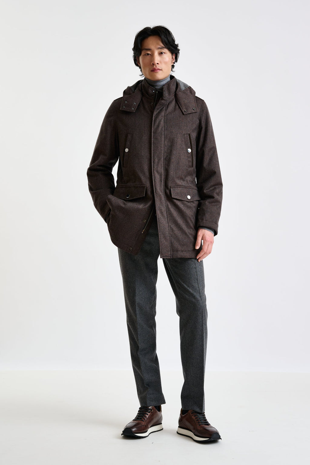 Brown 100% Tech Wool Flannel Bedford Parka — detail 6
