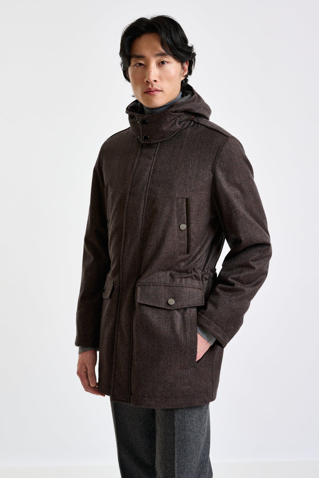 Brown 100% Tech Wool Flannel Bedford Parka — detail 1