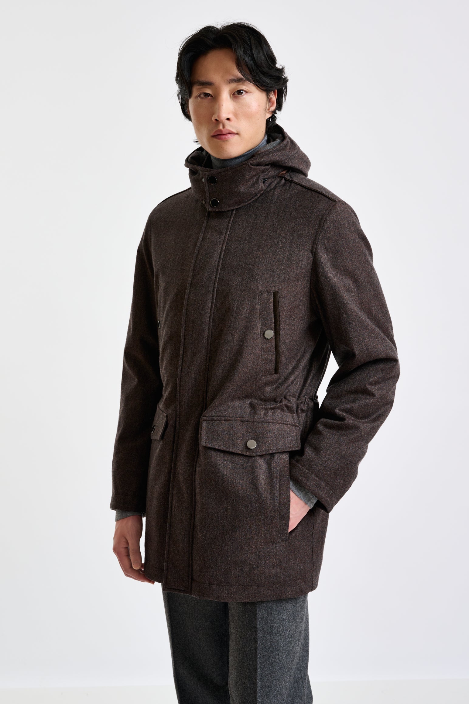 Brown 100% Tech Wool Flannel Bedford Parka — detail 1