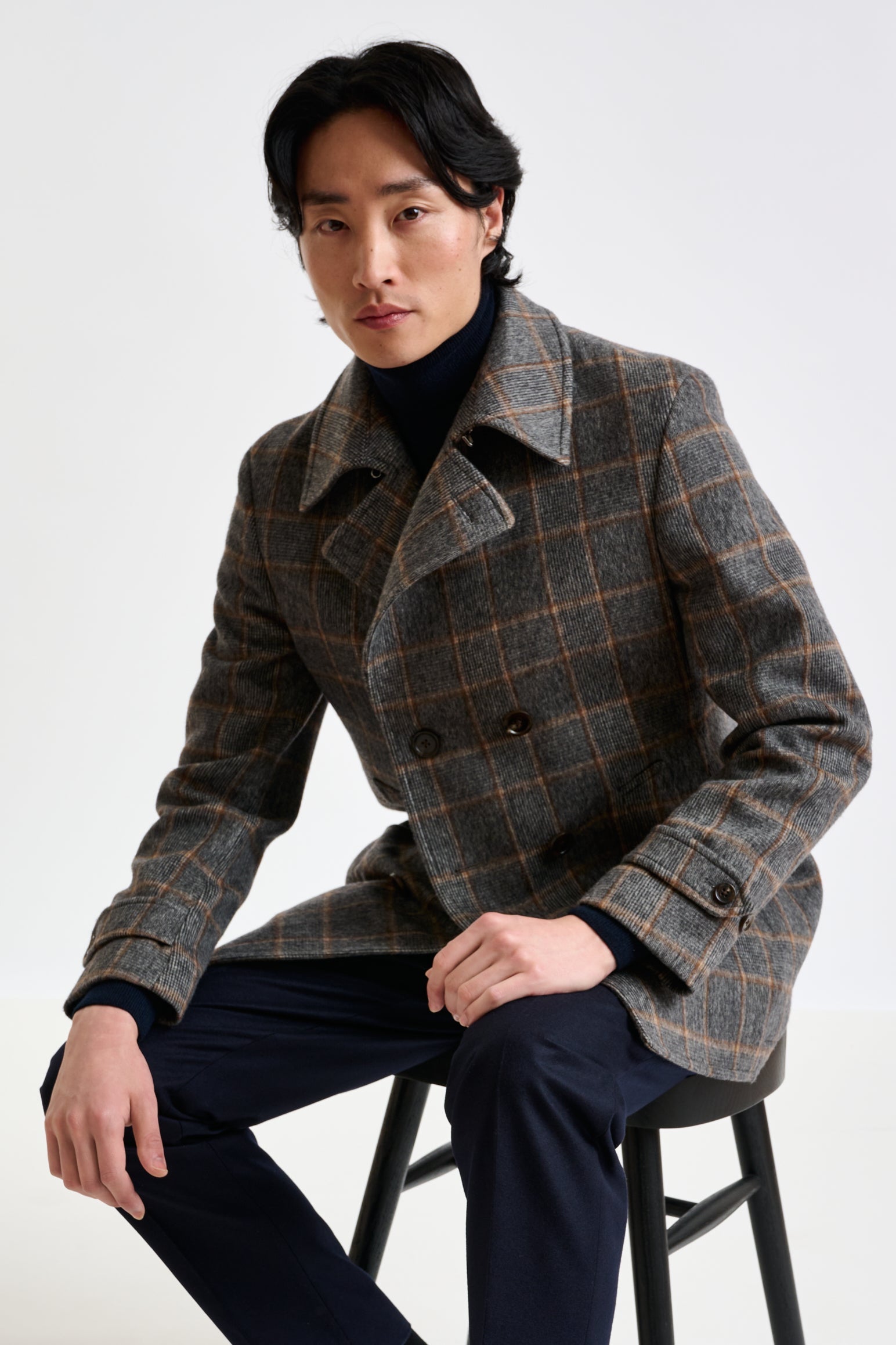 Grey Check Wool Nelson Peacoat — detail 7