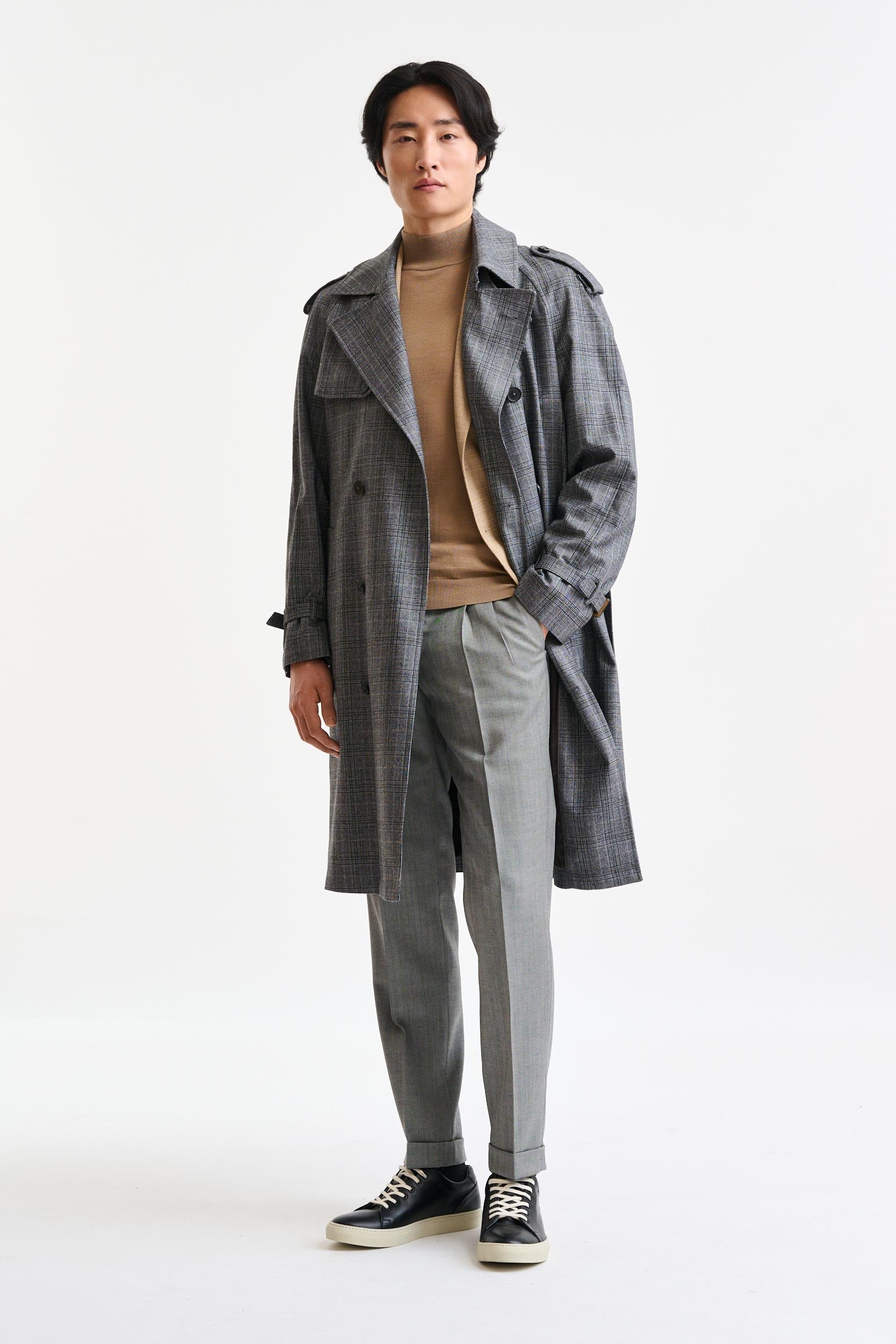 Grey Check Wool Marlow Tech Trench Coat Hybrid