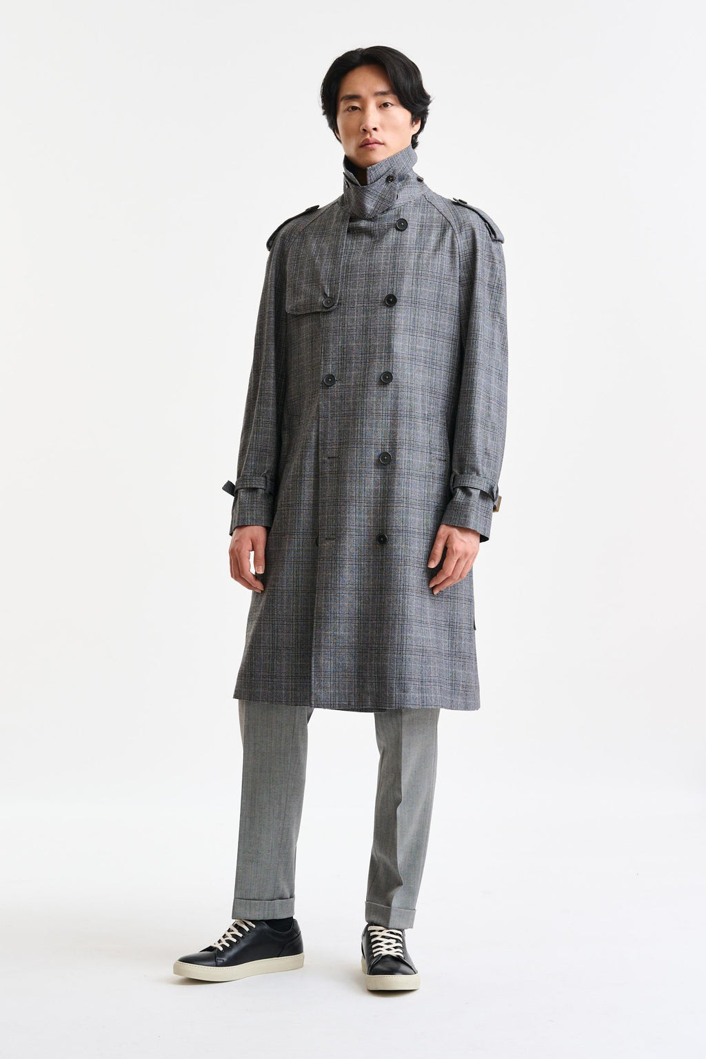 Grey Check Wool Marlow Tech Trench Coat Hybrid — detail 1