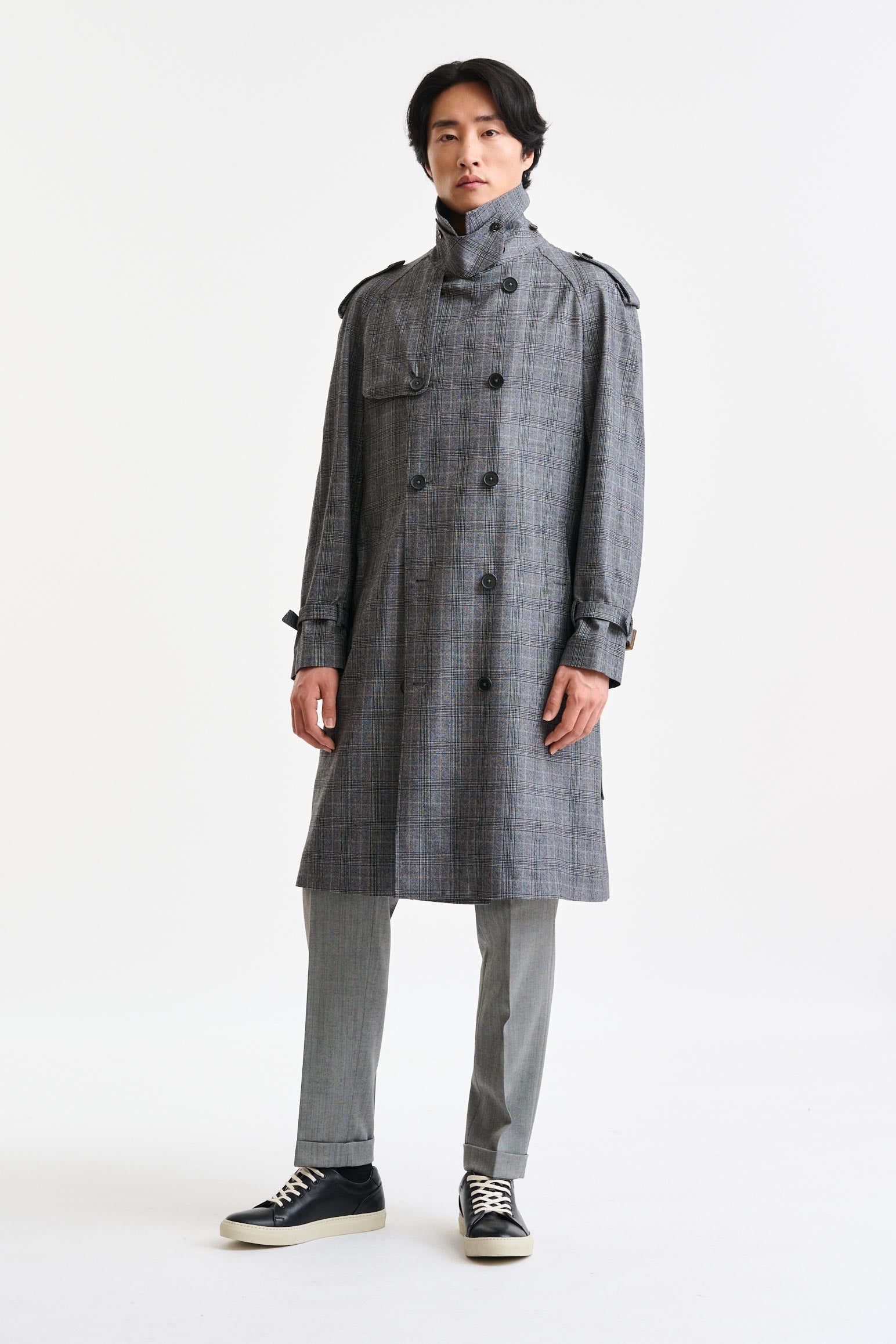 Grey Check Wool Marlow Tech Trench Coat Hybrid — detail 1