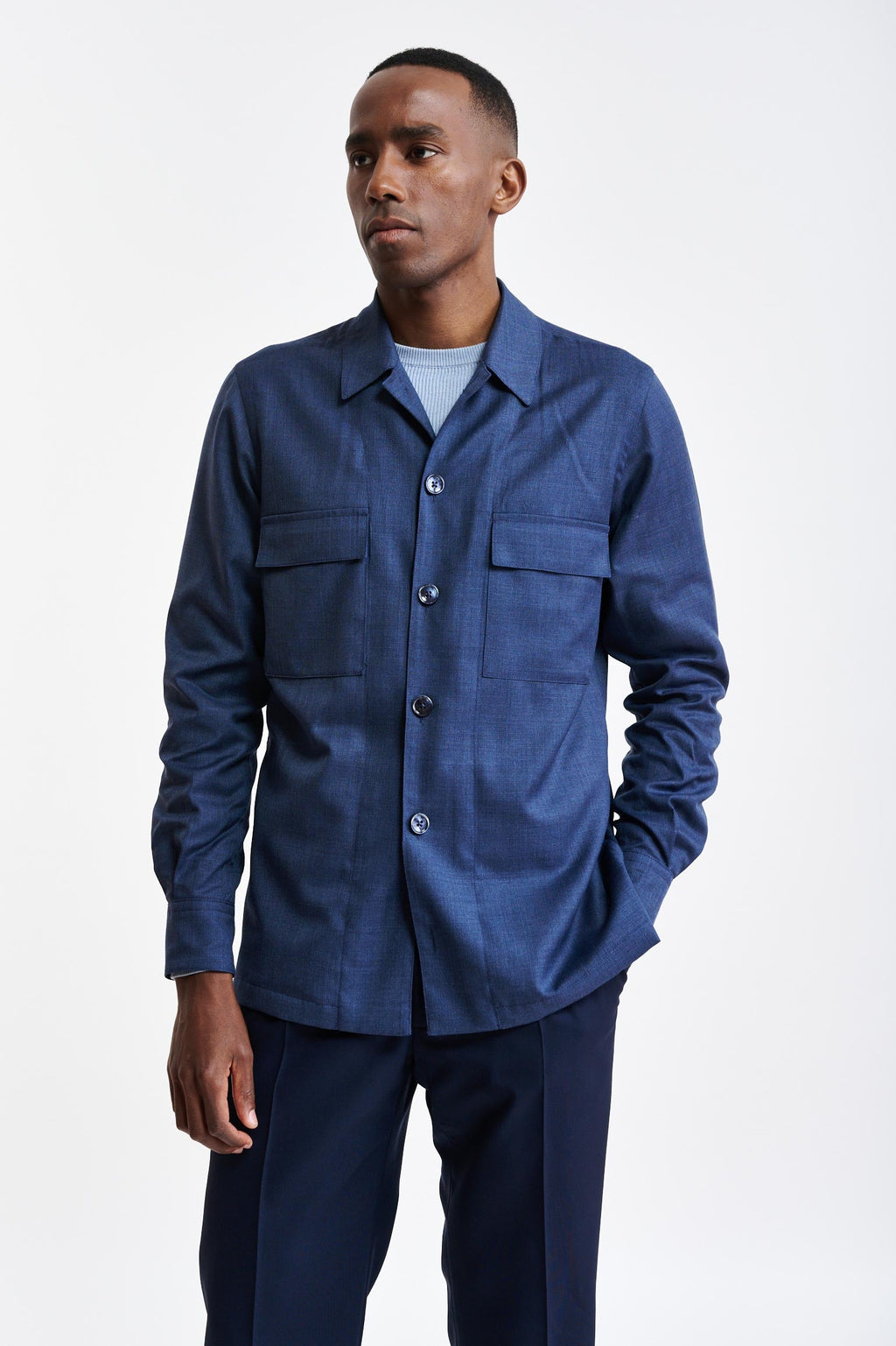 Medium Blue 100% Wool Plymouth Overshirt Image — detail 5