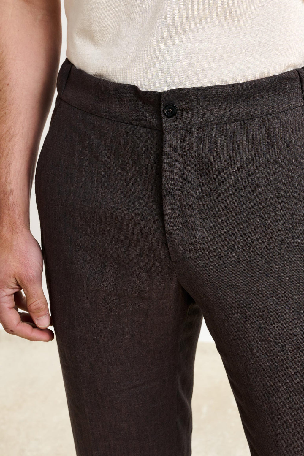 Dark Brown Perth Drawstring Trousers Pure Linen — detail 1