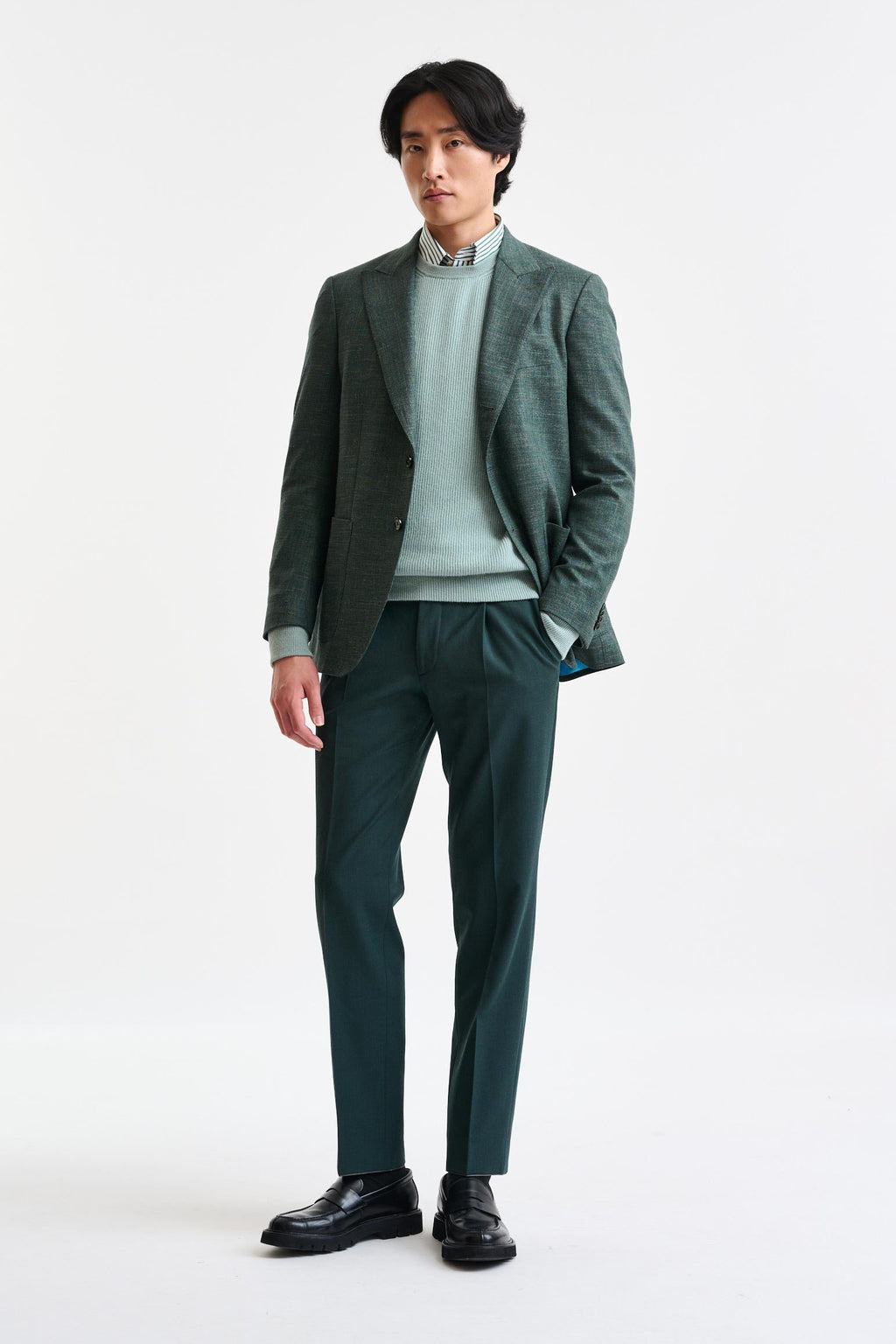 Medium Green Wool and Linen Super 100's Soho Jacket Trend — detail 5