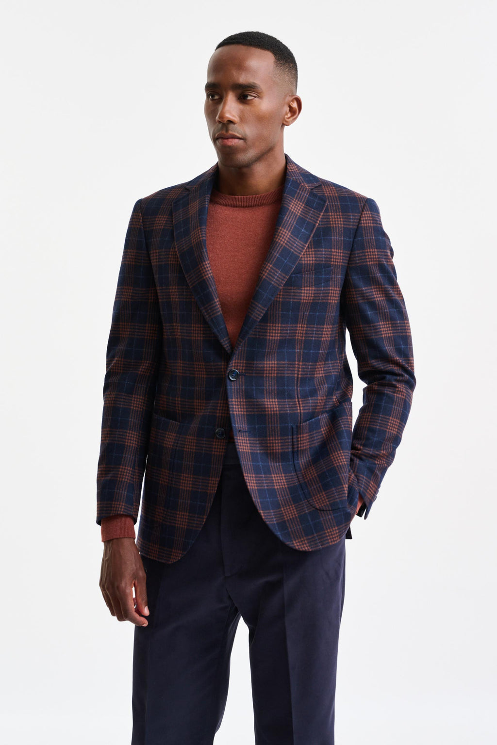 Dark Blue Check Wool & Cashmere Soho Jacket Autumn Leaves