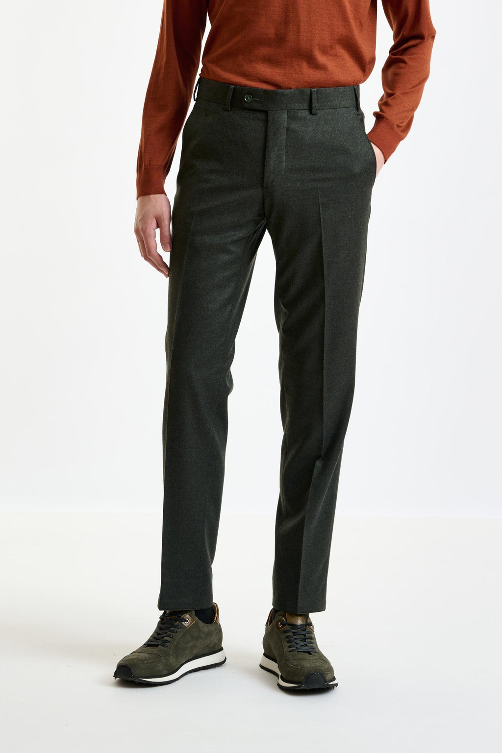 Green Super 100's Wool Farley Trousers Flannel Saxony