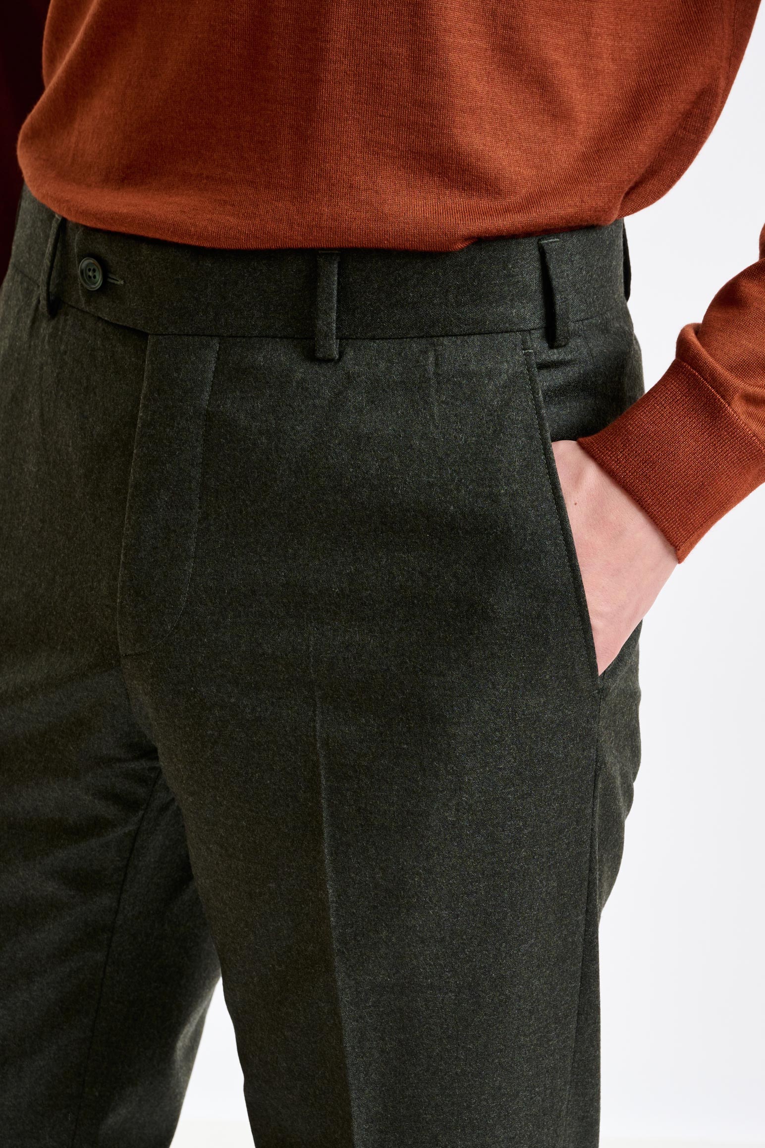 Green Super 100's Wool Farley Trousers Flannel Saxony — detail 1