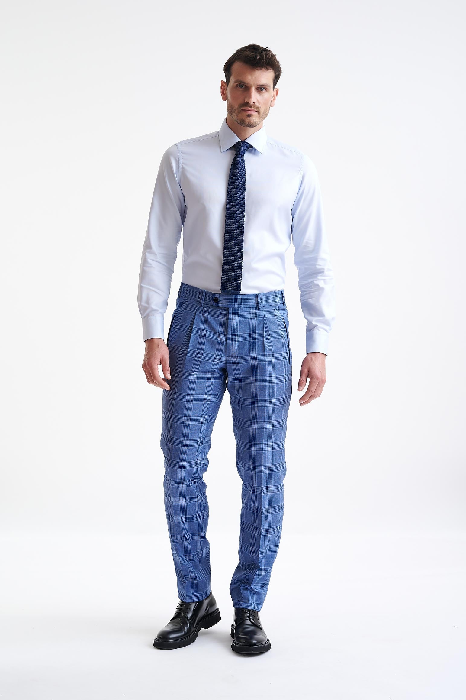 Blue Check Super 130's Wool Farley Trousers Mosaic — detail 1
