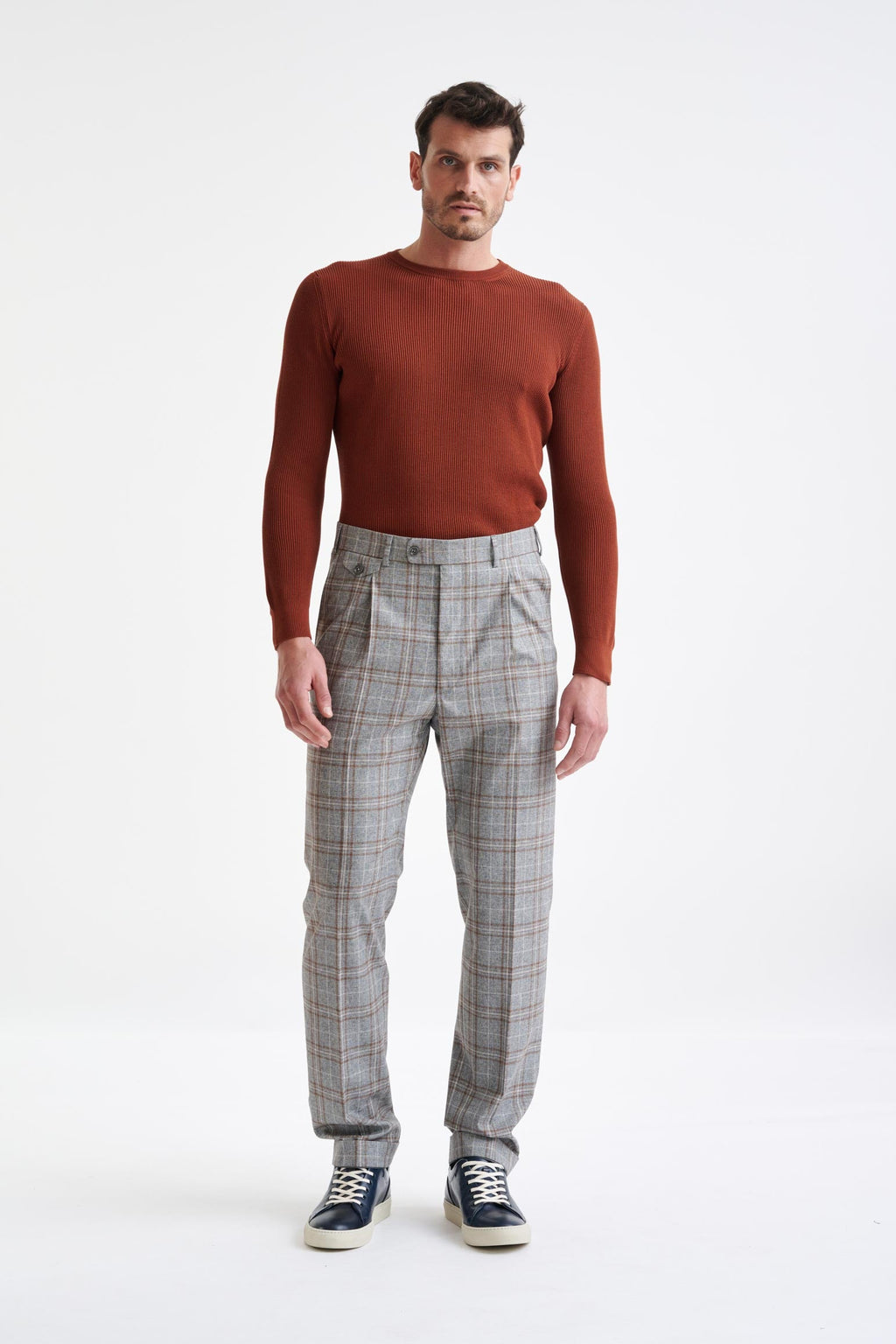 Grey Brown Check Wool & Cotton Farley Trousers Lifestyle — detail 1