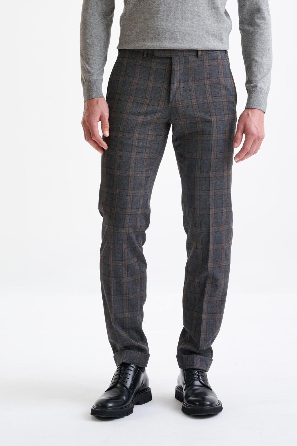 Grey Brown Check Wool Farley Trousers Lifestyle