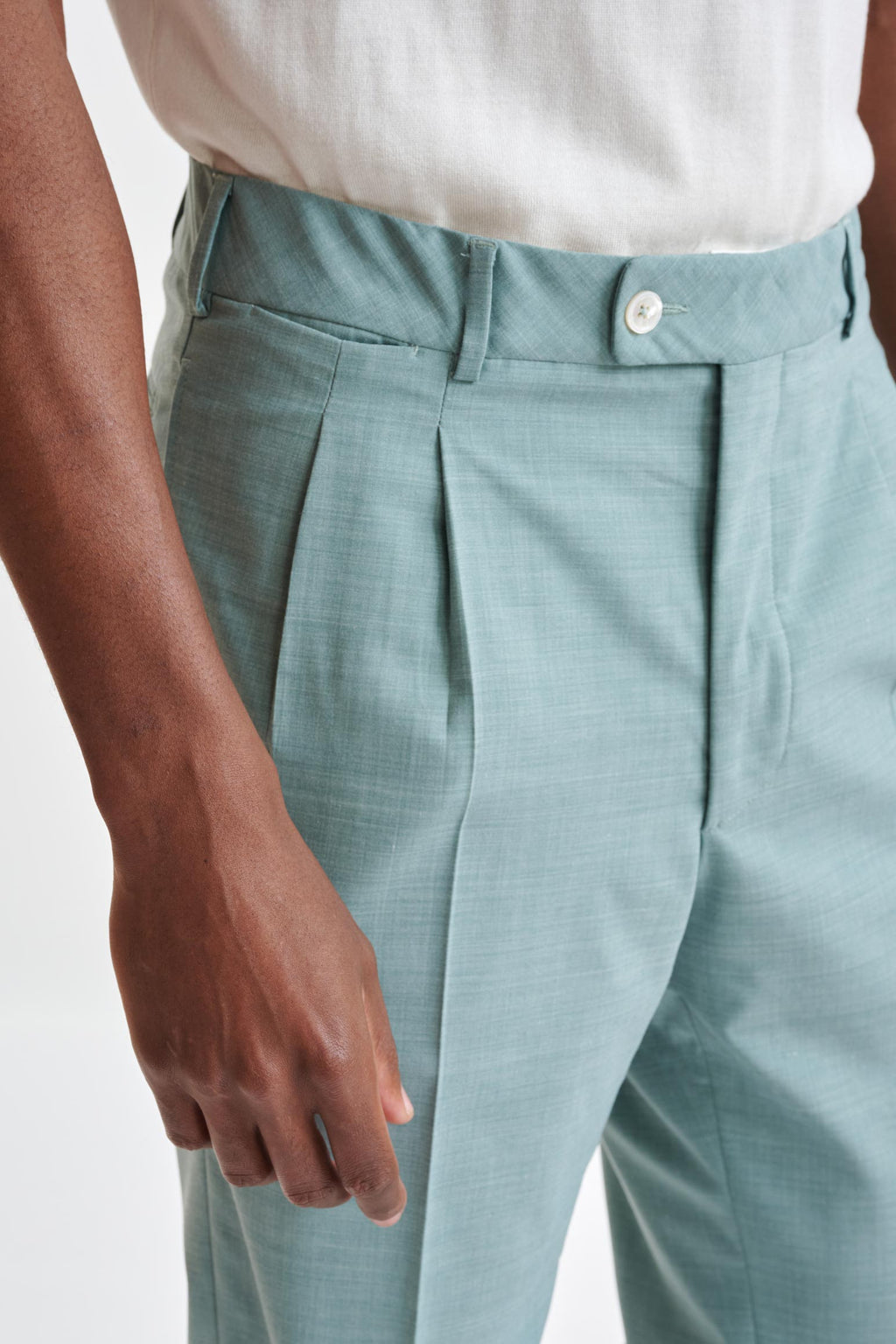 Sage Green Wool Farley Trousers Dynamic — detail 2