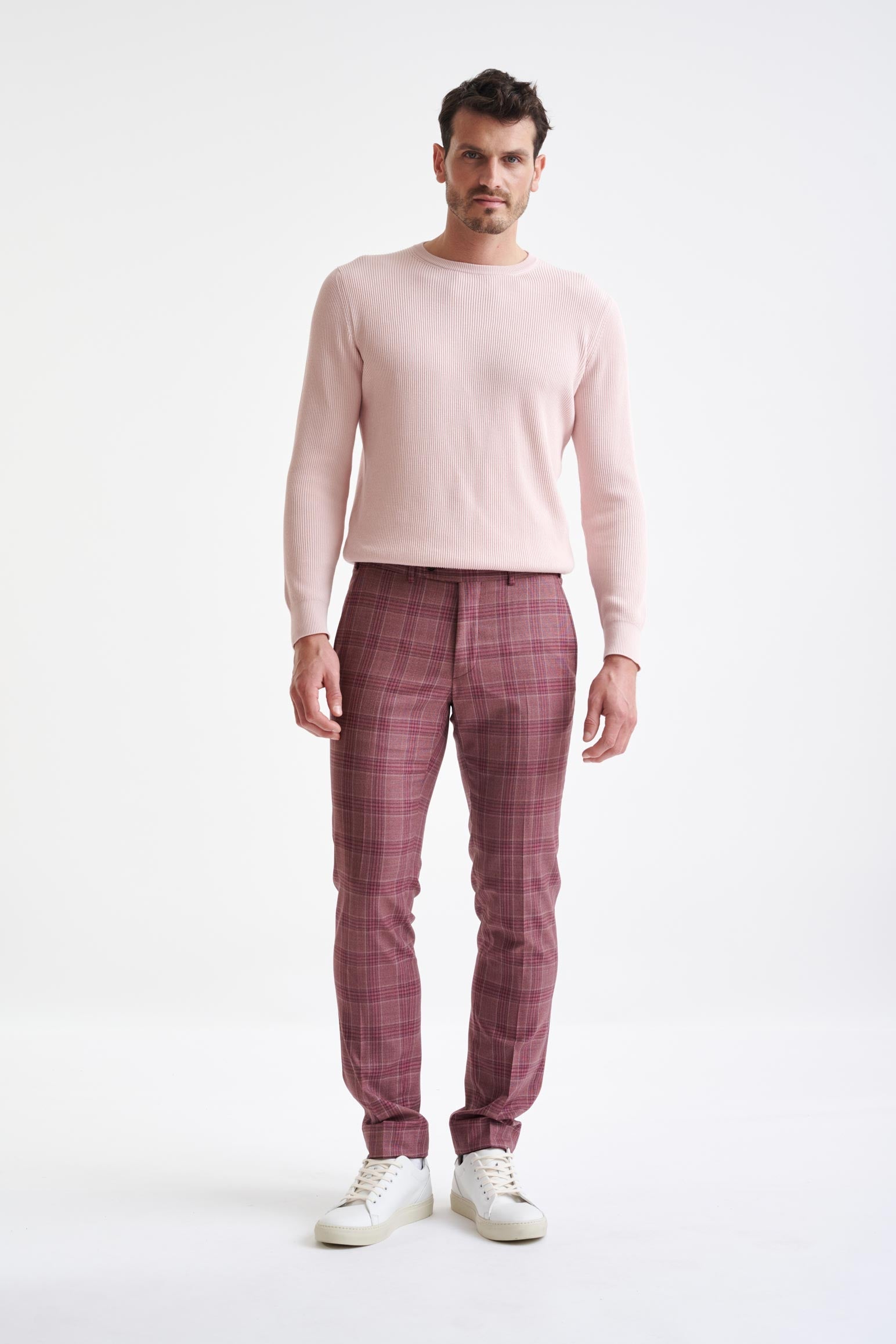 Pink Check Burgundy Super 130's Wool Farley Trousers Mosaic — detail 1