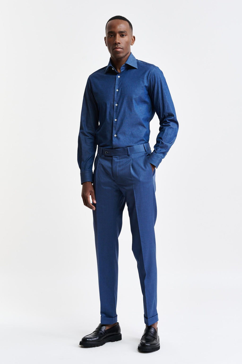 Medium Blue Wool Super 100's Farley Trousers New Deluxe — detail 1
