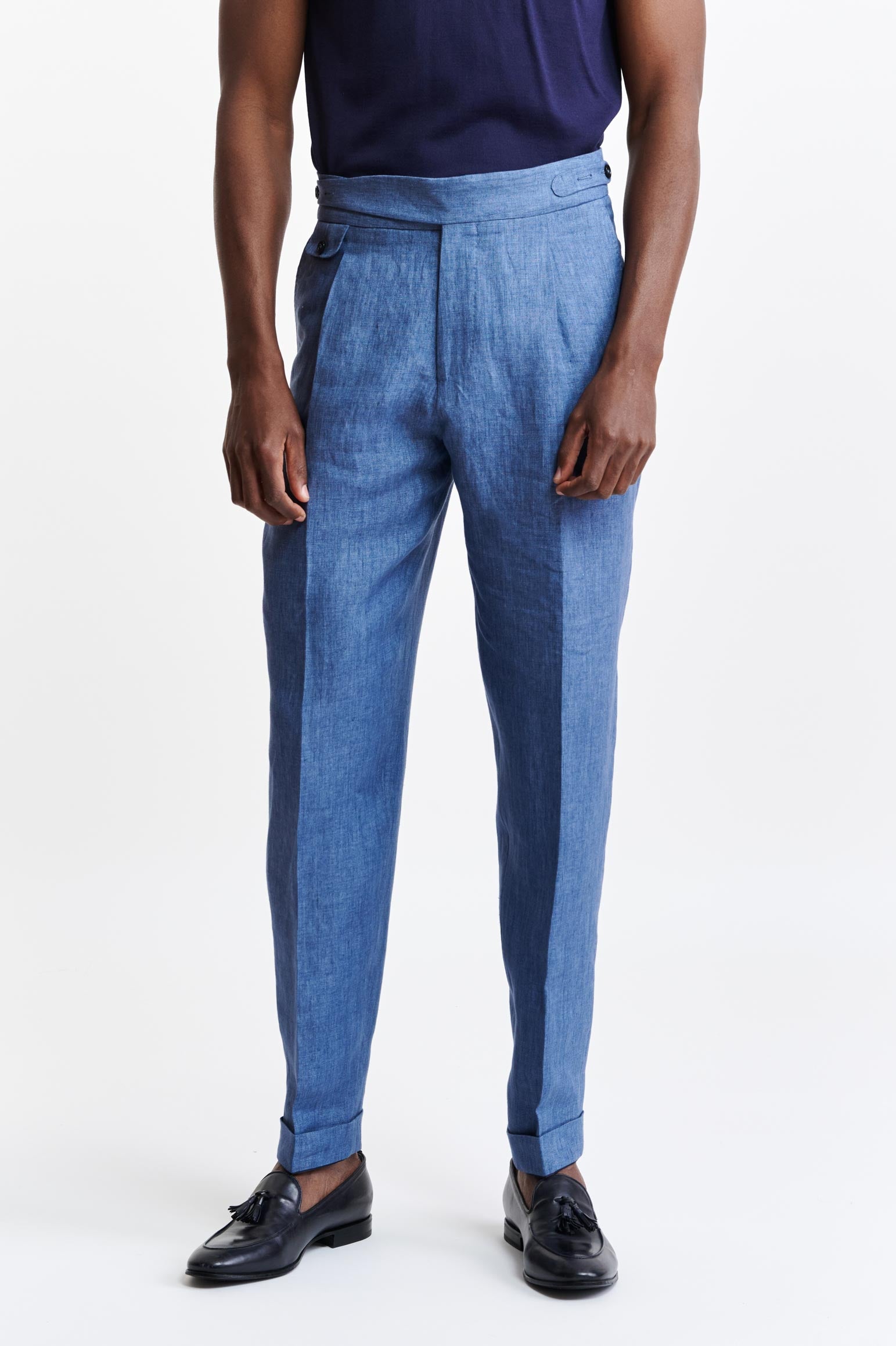 Medium Blue 100% Linen Gurkha Trousers Pure Linen