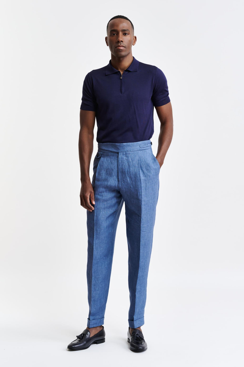 Medium Blue 100% Linen Gurkha Trousers Pure Linen — detail 1