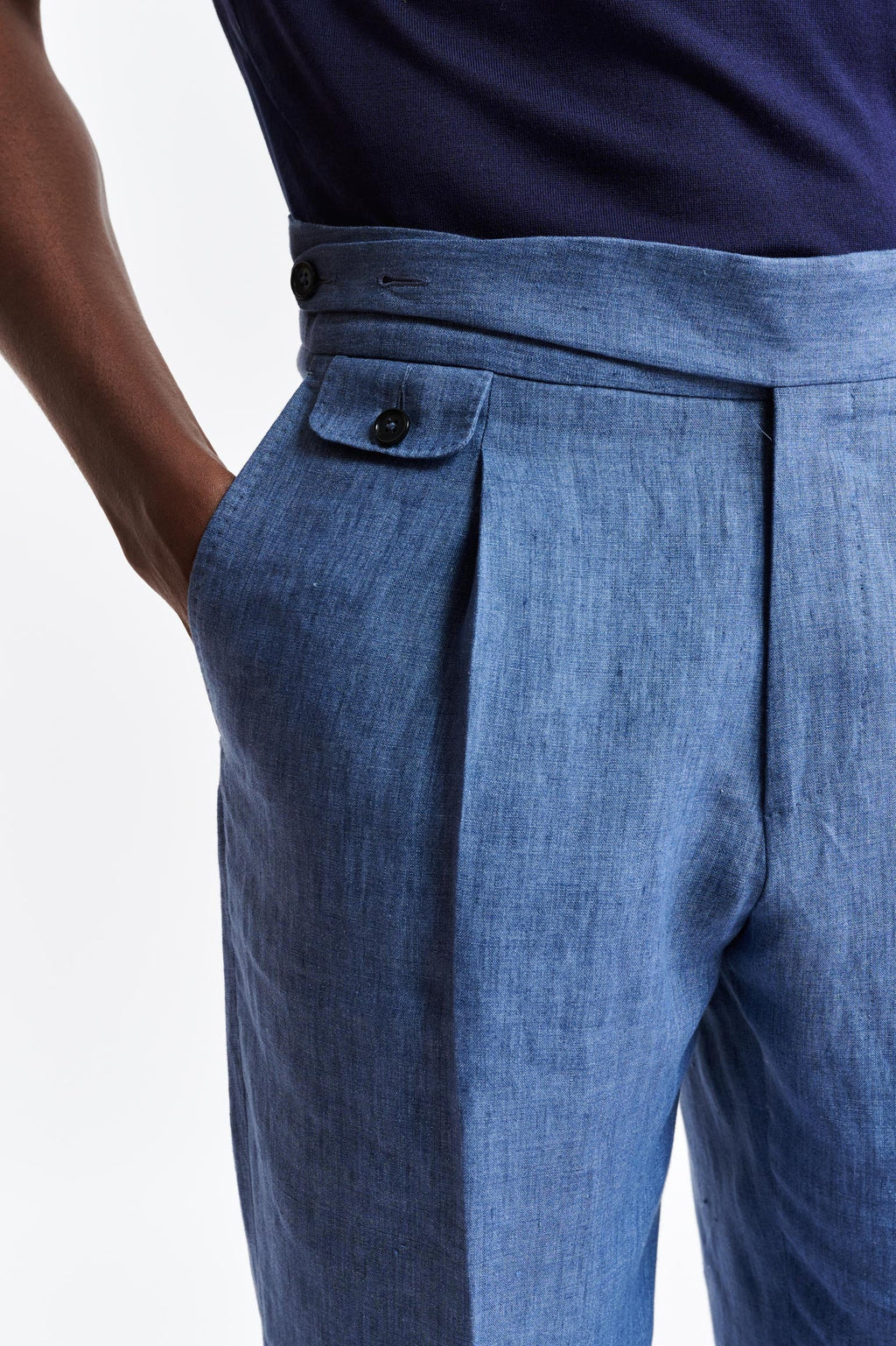 Medium Blue 100% Linen Gurkha Trousers Pure Linen — detail 3