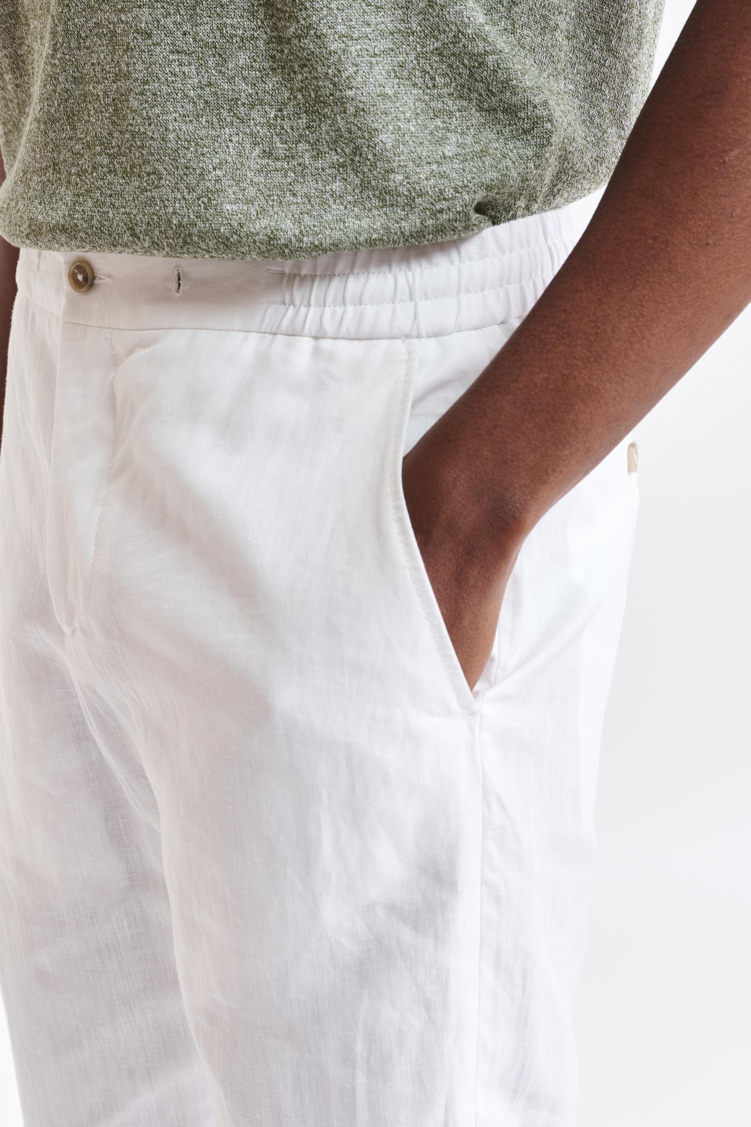 White 100% Linen Drawstring Trousers Pure Linen — detail 3