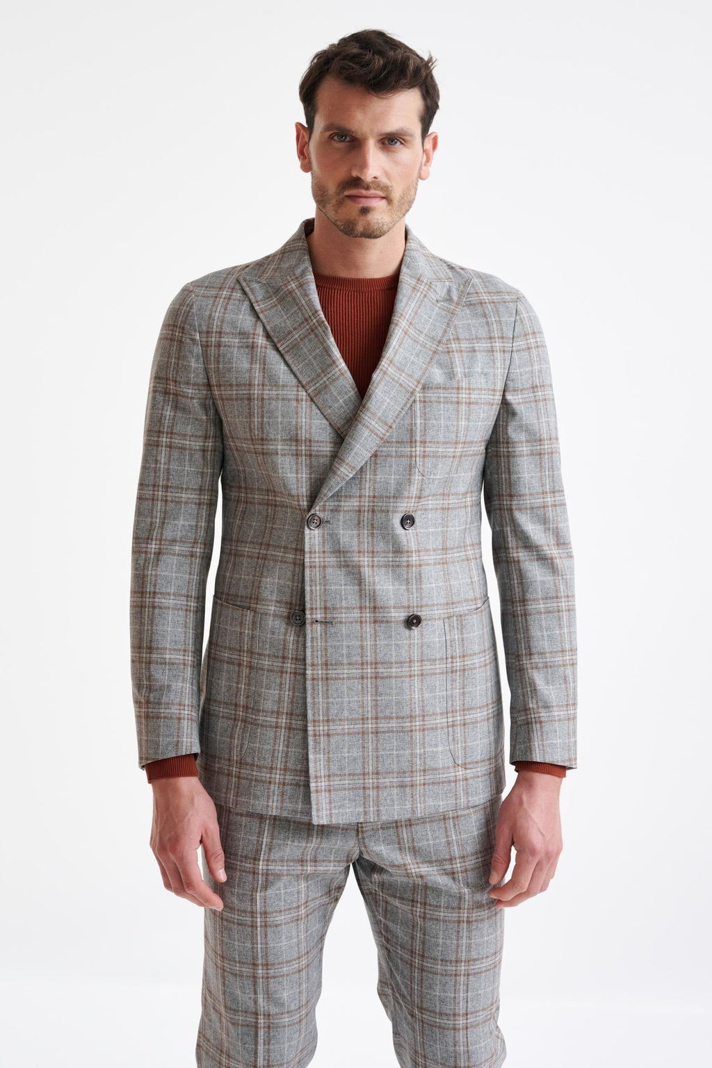 Grey Brown Check Wool & Cotton Silk Kenton Suit Lifestyle — detail 4