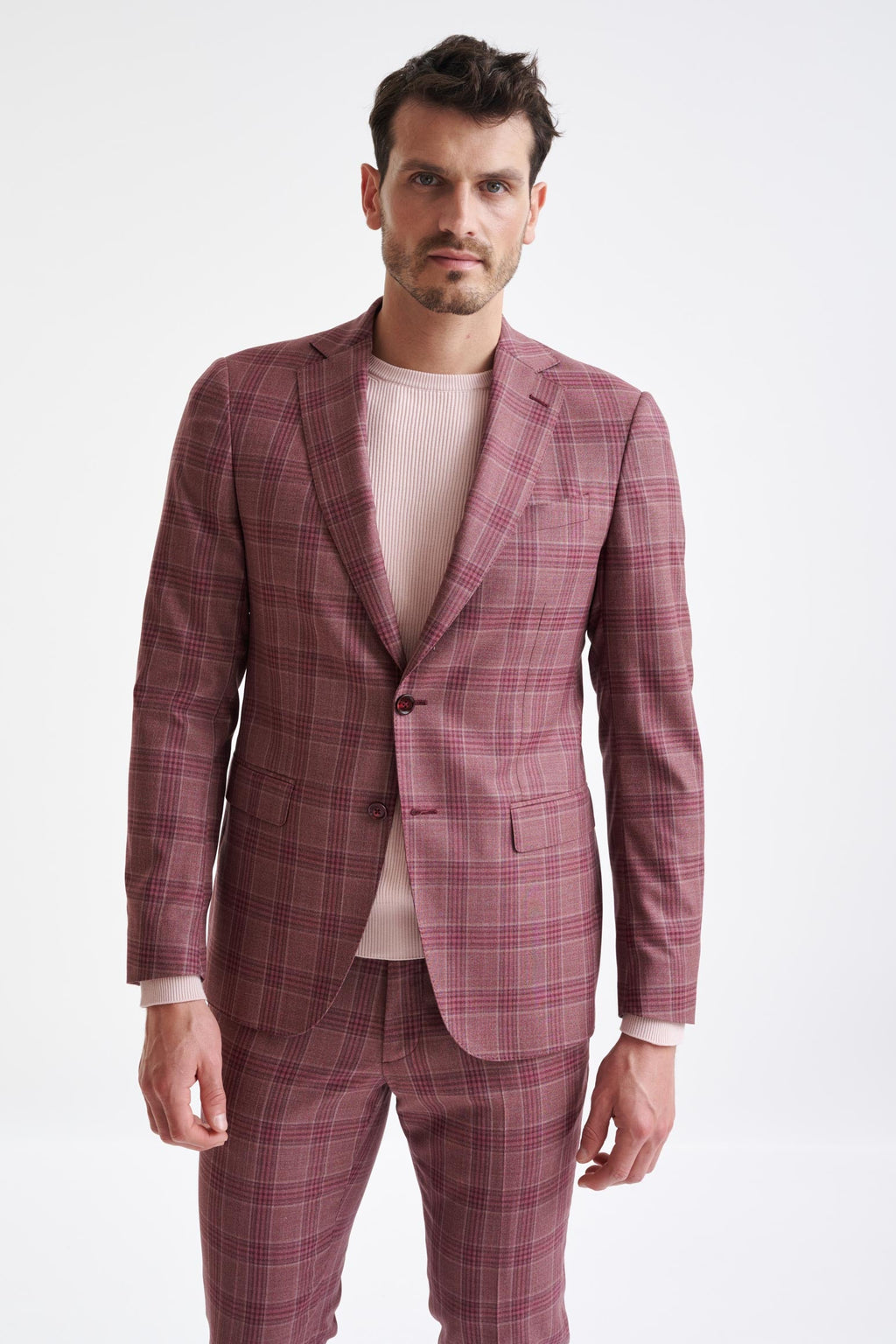 Pink Burgundy Check Super 130's Wool Soho Suit Mosaic — detail 4
