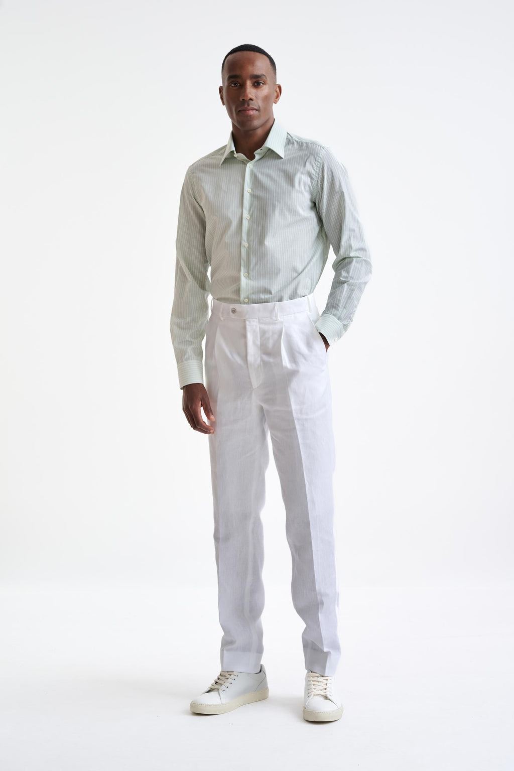 Striped White & Green 100% Cotton Oxford Formal Shirt — detail 1