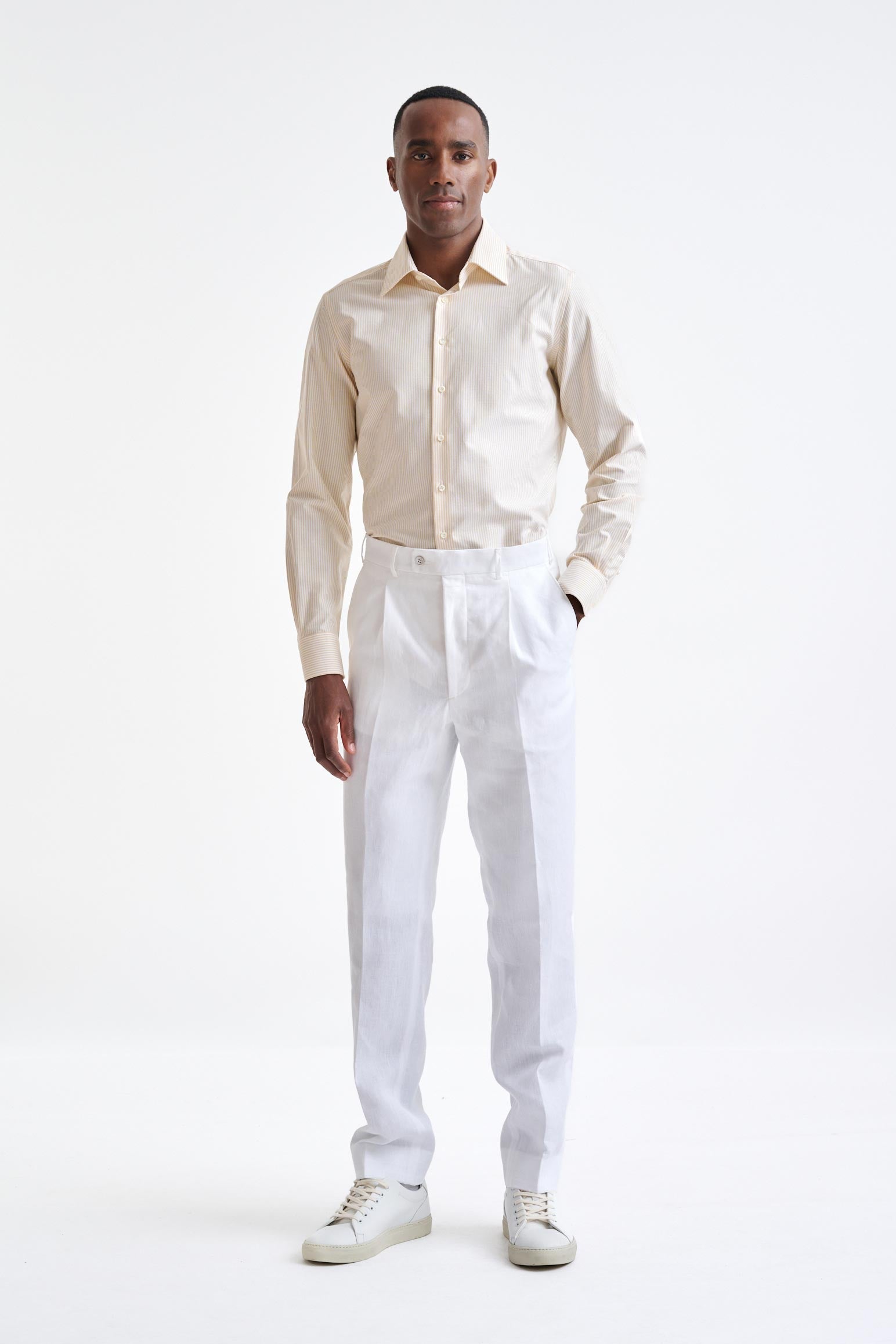 Striped White & Yellow 100% Cotton Fine Twill Formal Shirt — detail 1