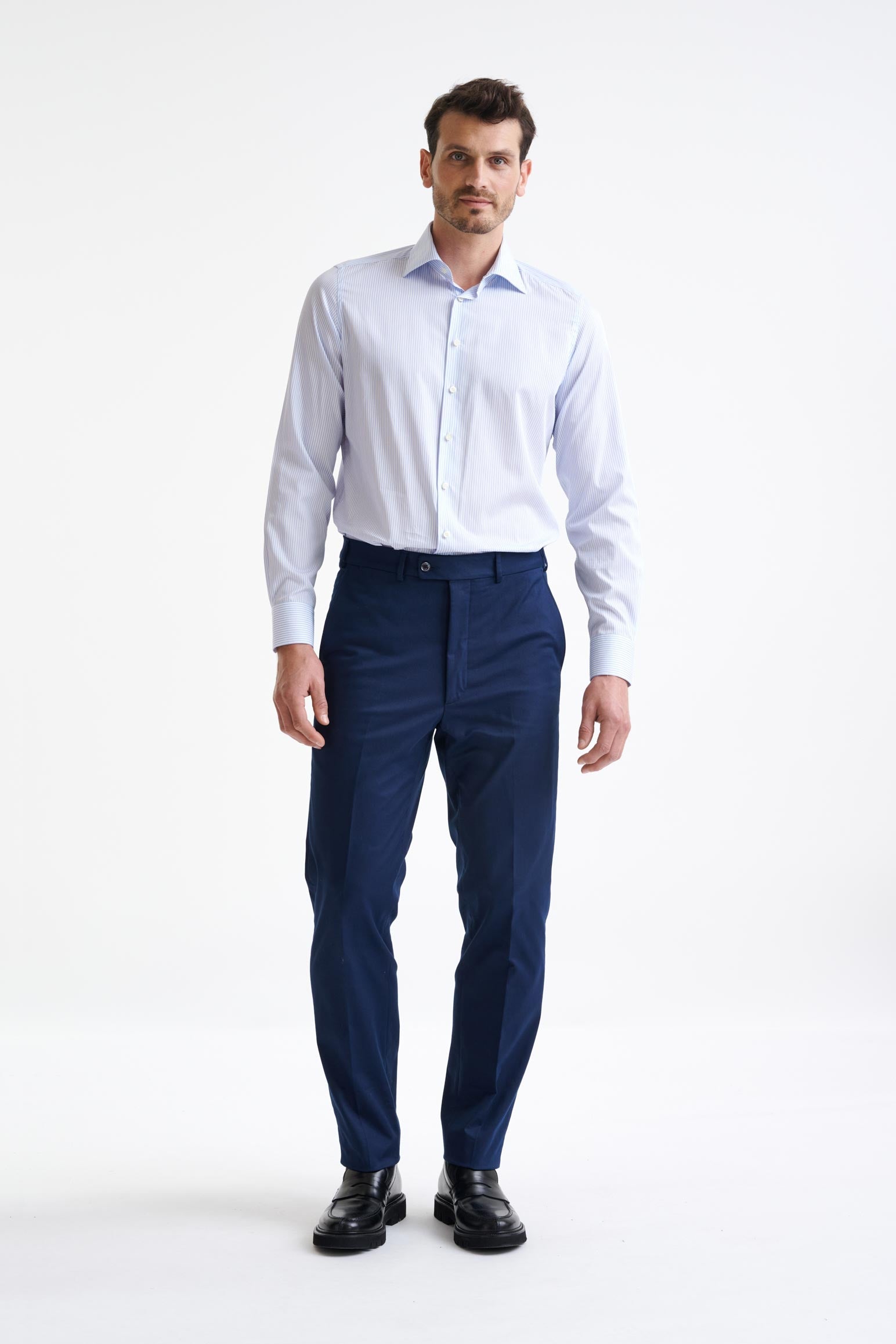 Striped White & Blue 100% Cotton Poplin Formal Shirt — detail 1