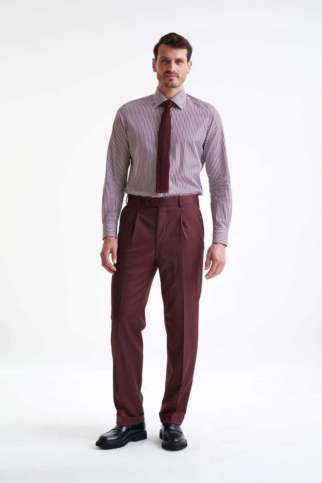 Striped Blue Bordo 100% Cotton Poplin Formal Shirt — detail 1