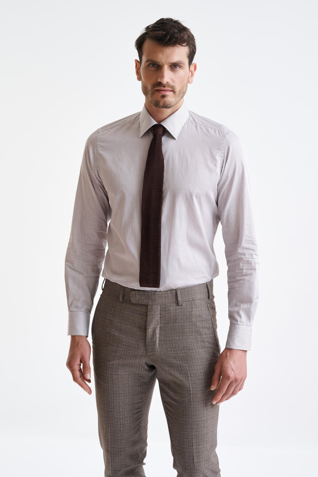 Striped White & Brown 100% Cotton Herringbone Formal Shirt