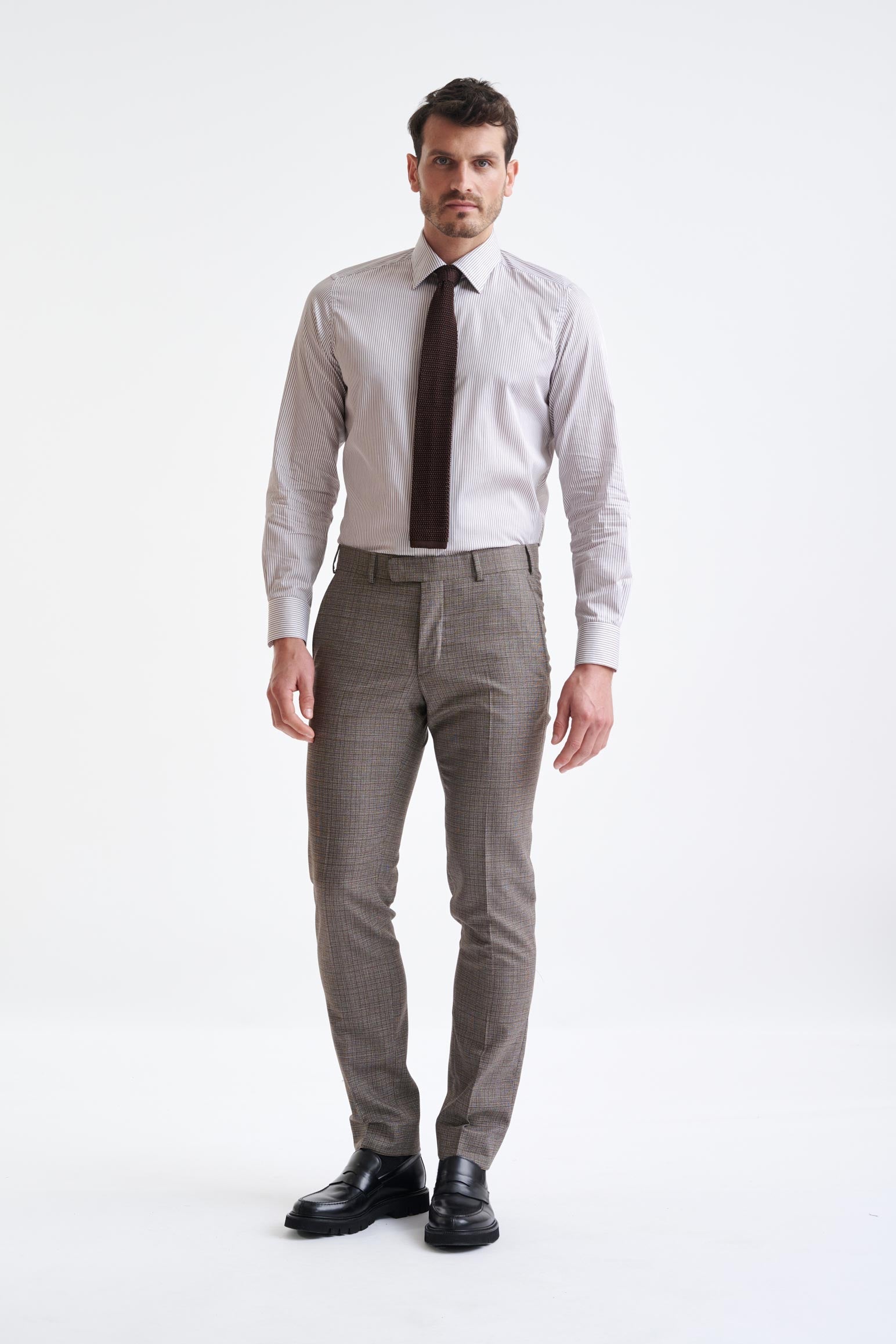 Striped White & Brown 100% Cotton Herringbone Formal Shirt — detail 1