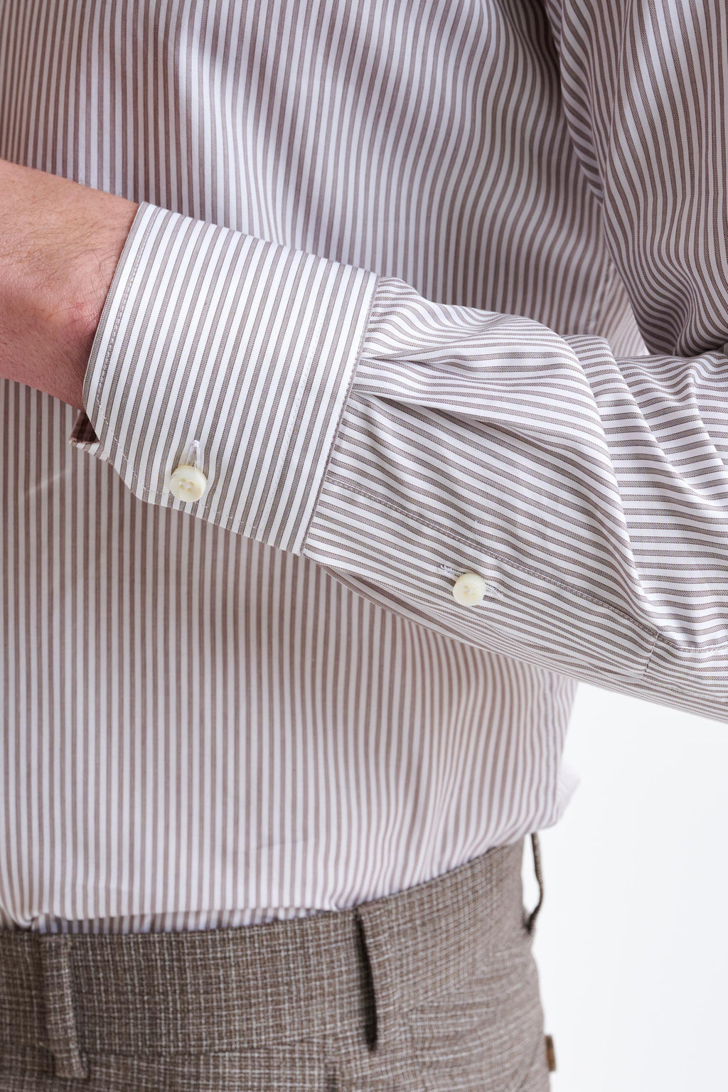Striped White & Brown 100% Cotton Herringbone Formal Shirt — detail 3