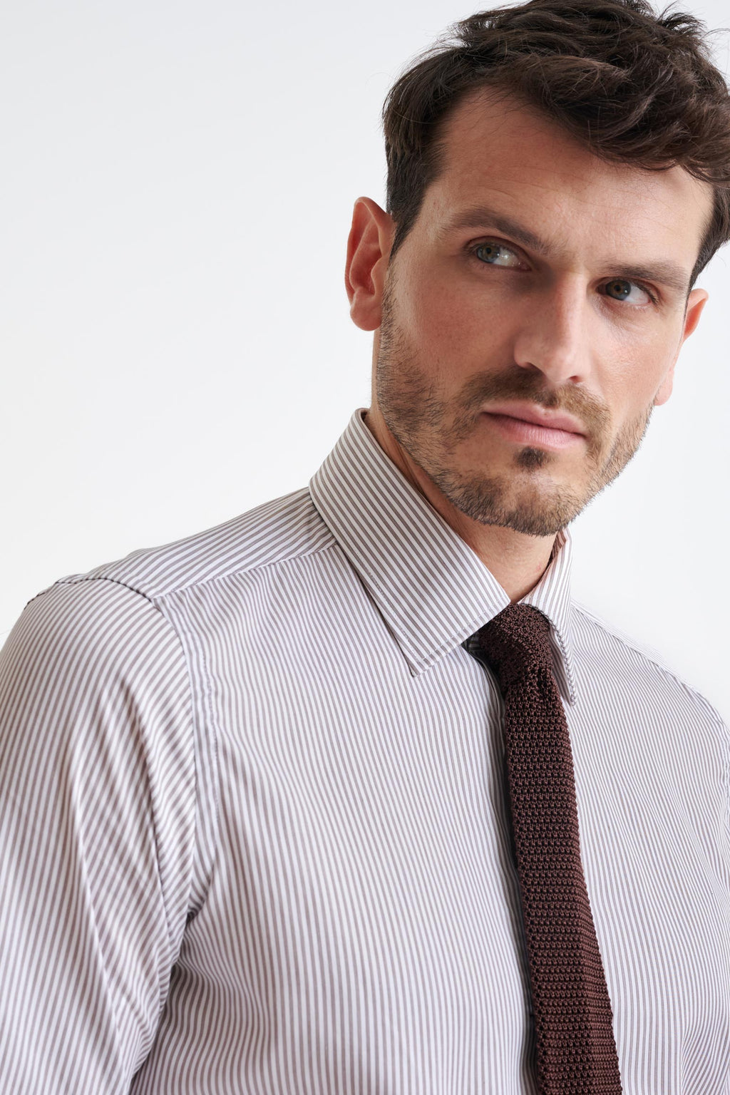 Striped White & Brown 100% Cotton Herringbone Formal Shirt — detail 4