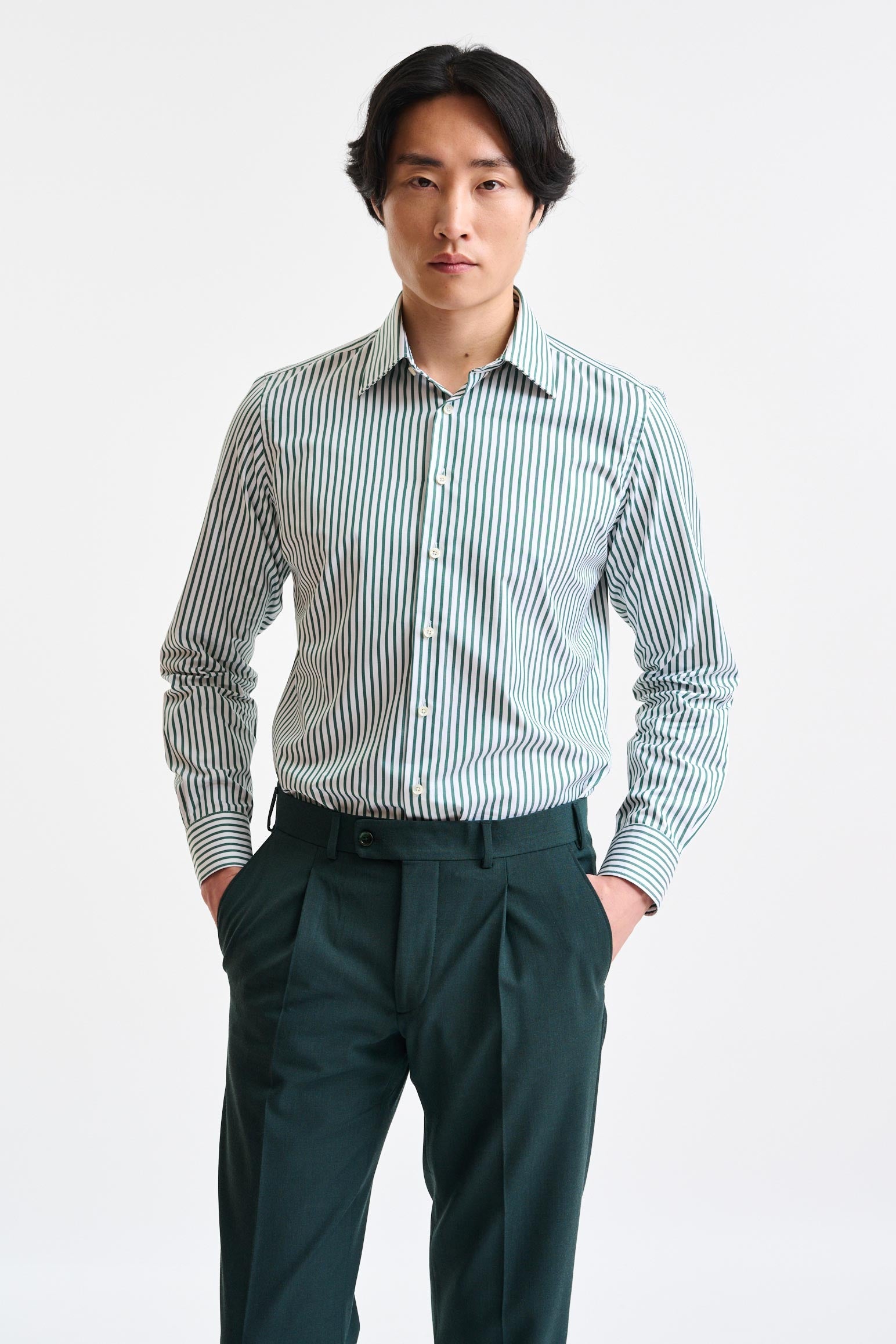 Green & White Stripped 100% Cotton Twill Formal Shirt